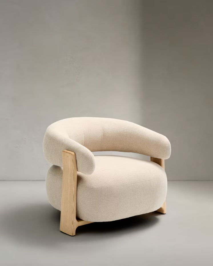 GRANITE armchair in beige chenille with an ash base