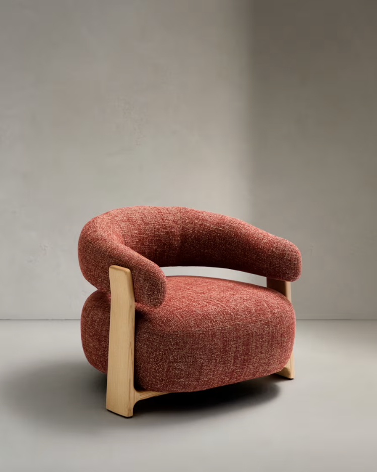 GRANITE armchair in red chenille with an ash base