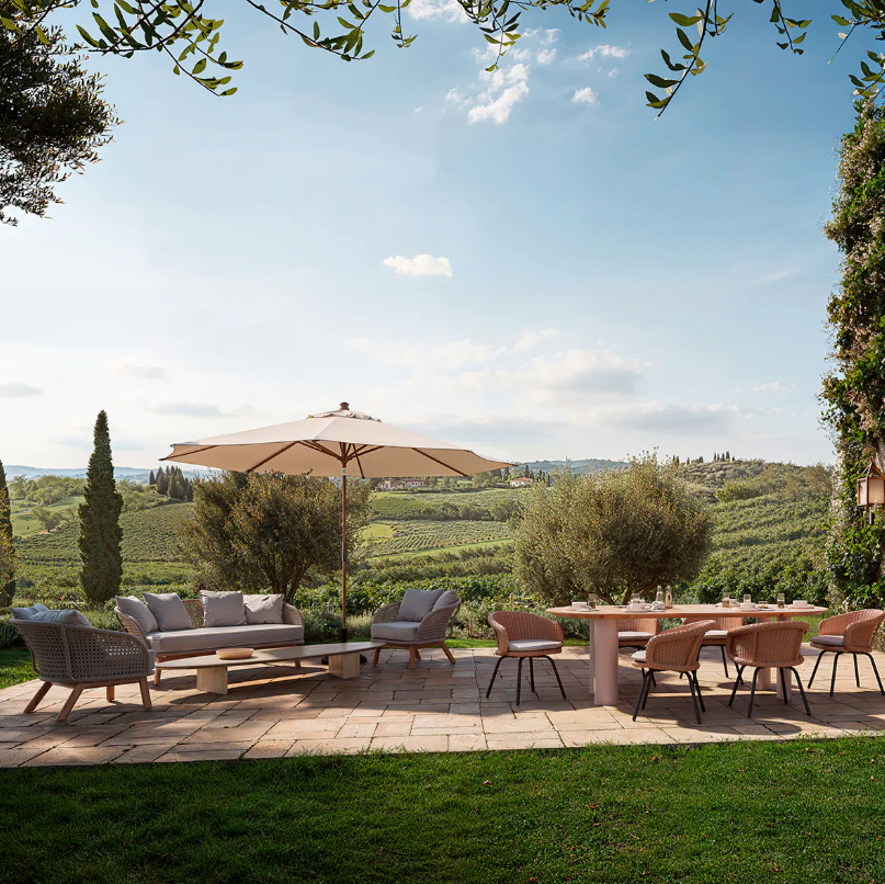 Venkovní pohovka TRINITY krémová s dřevěným podstavcem