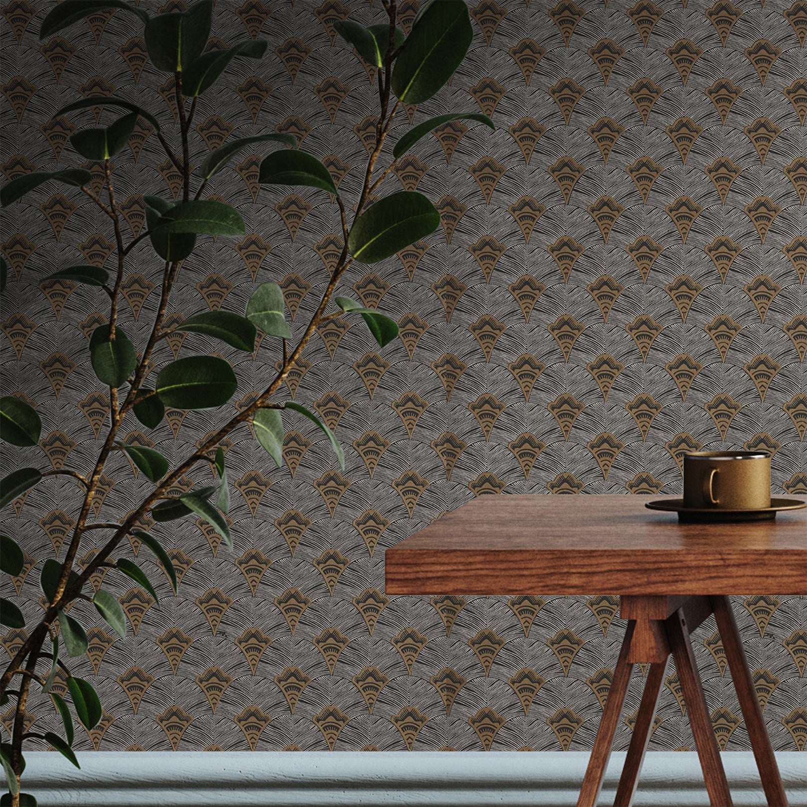 Structural wallpaper with an abstract fan pattern ADENIUM - NOIR black with gold