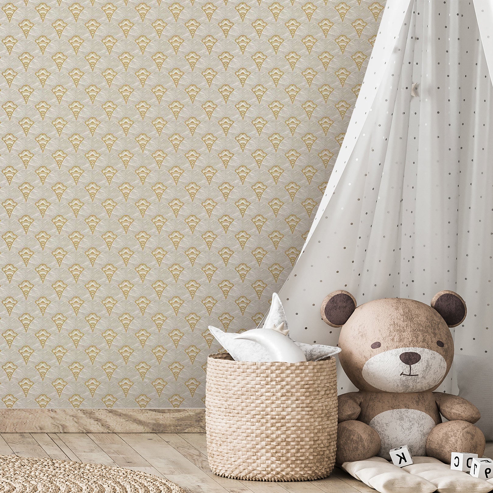 Structural wallpaper with an abstract fan pattern ADENIUM - SABLE sandy with gold