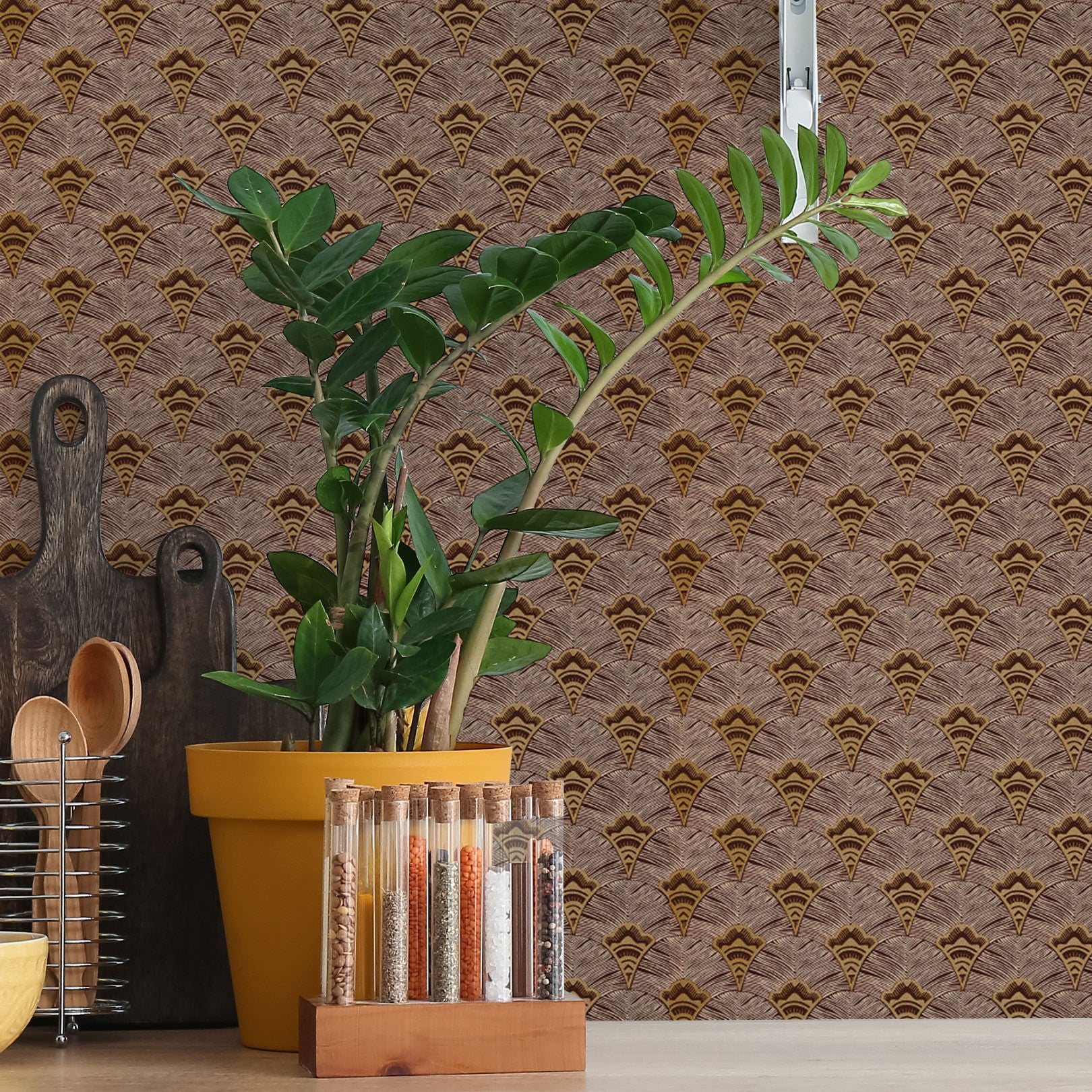Tapeta se strukturovaným abstraktním vzorem vějířů ADENIUM - ROUILLE rezavě hnědá