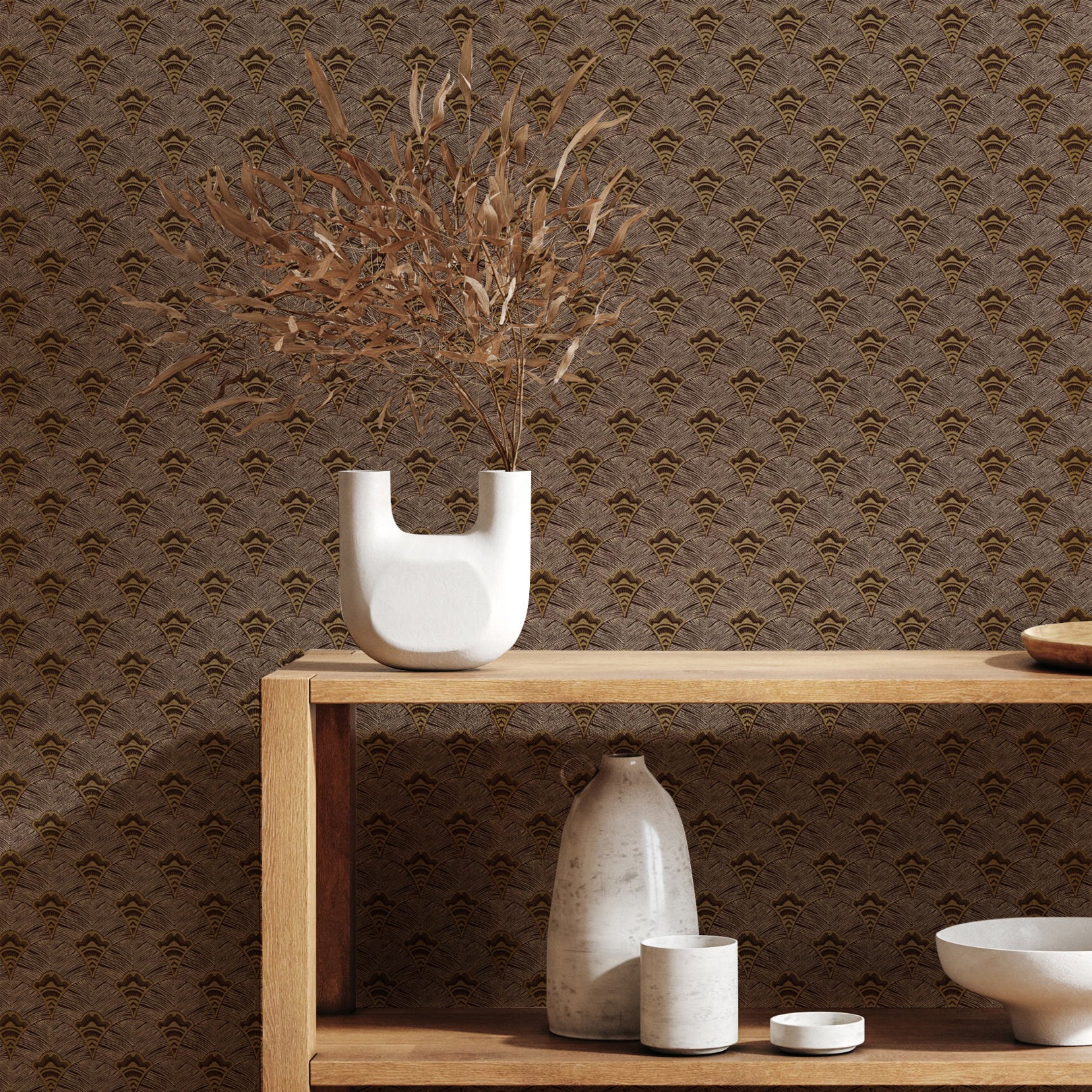 Structural wallpaper with an abstract fan pattern ADENIUM - ROUILLE rusty brown