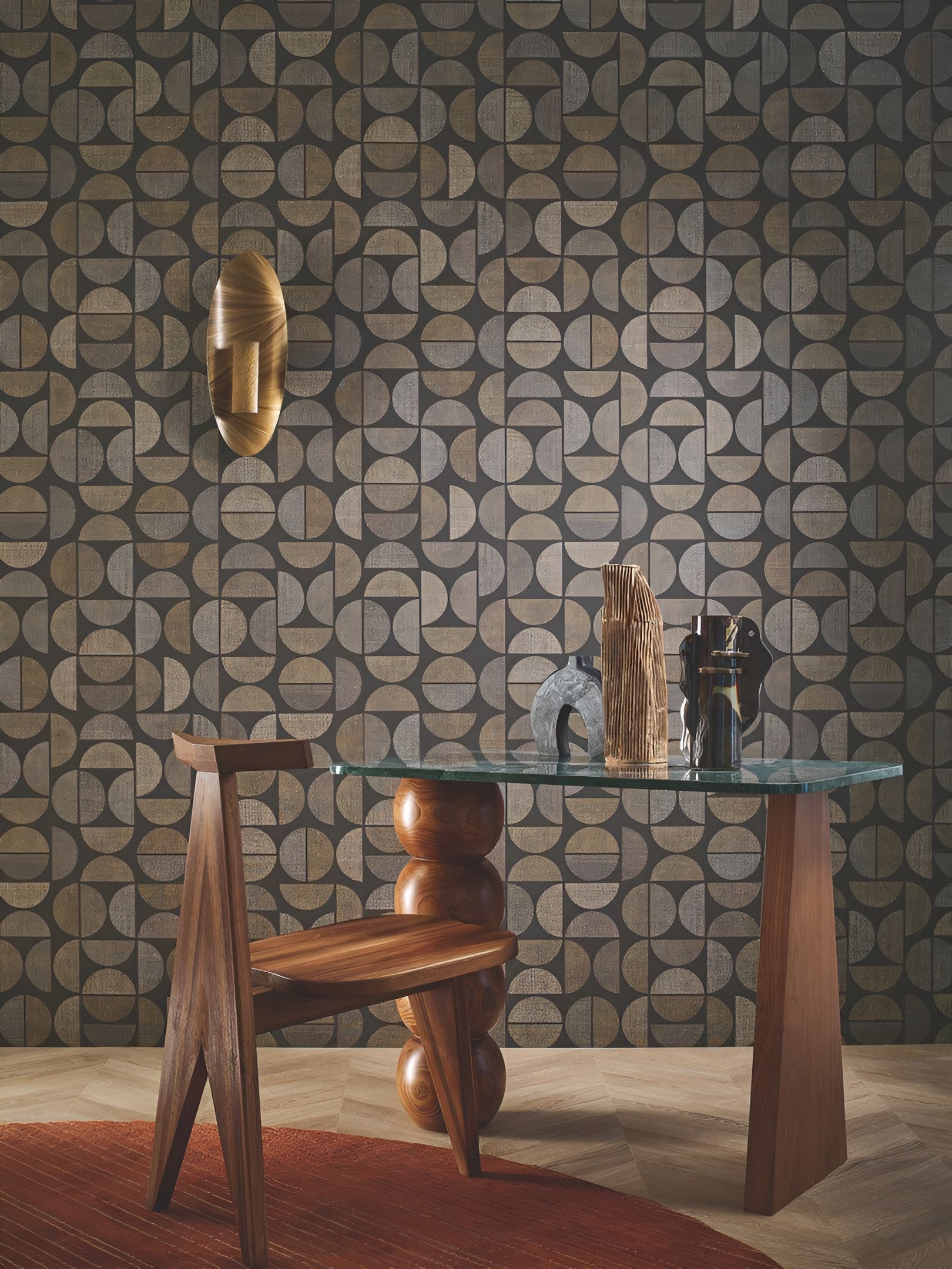 Structural wallpaper imitating raffia with geometric pattern DUALIS - VERT FORÊT green