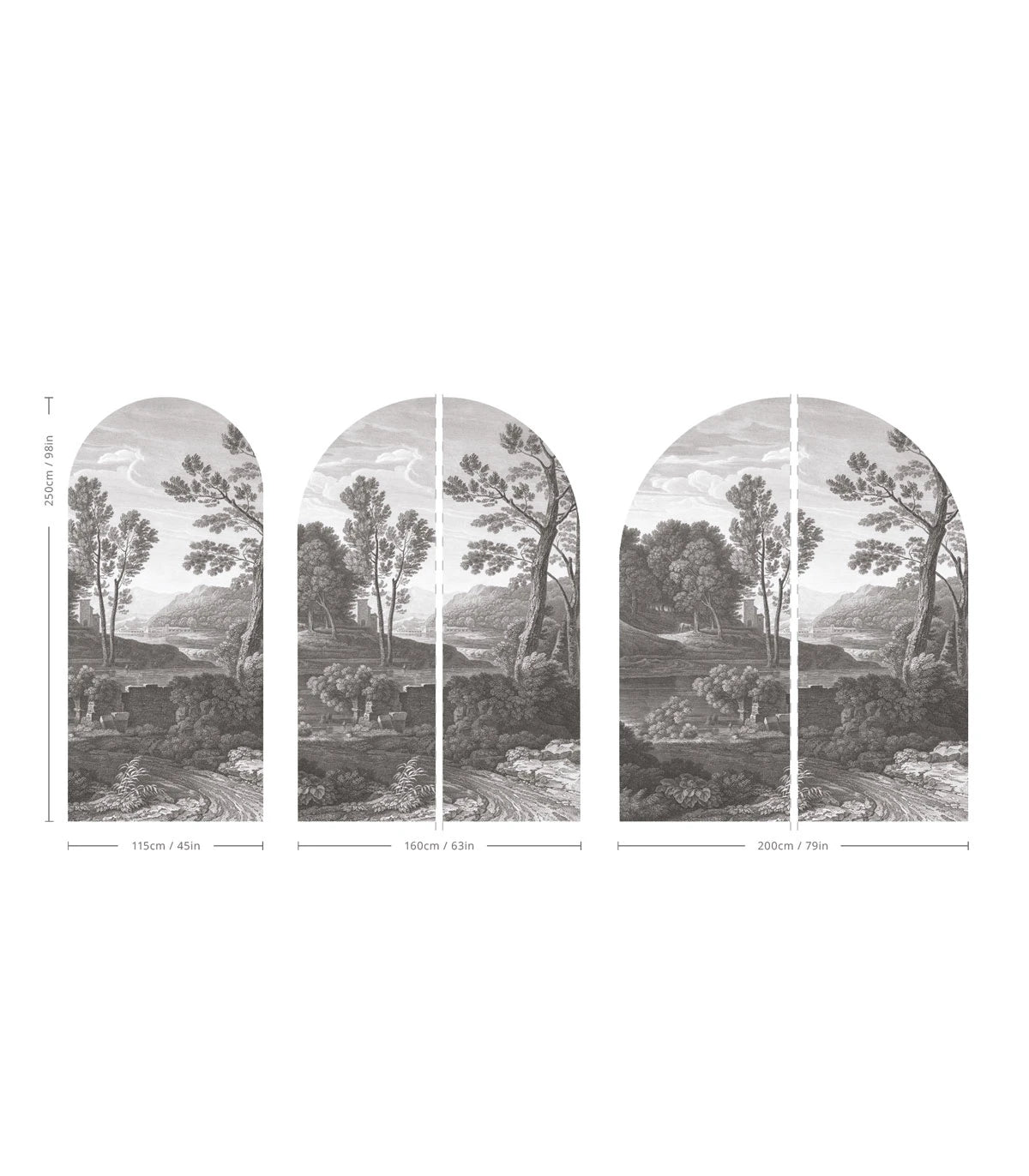 Mural flizelinowy w kształcie łuku ANCIENT RIVERSIDE GROVE szary