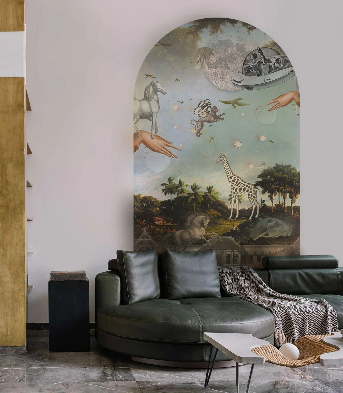 Mural flizelinowy w kształcie łuku STARDUST SAFARI ciemnozielony z niebieskim