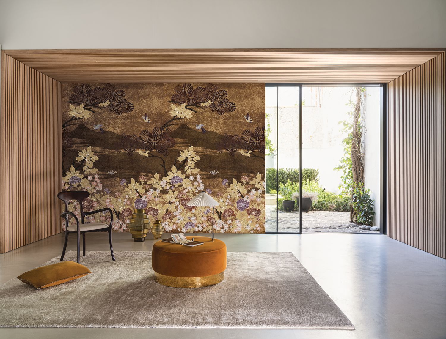 Nástěnná malba s rostlinným motivem listů KANSAI - CUVIER/ZLATÝ hnědý se zlatým