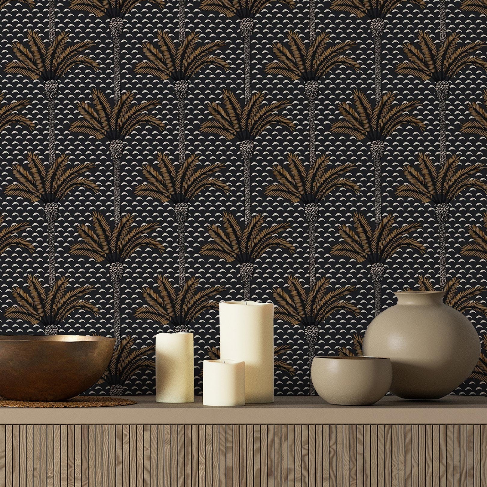 Structural wallpaper with a plant motif in palm ATLAS - CARBONE black with gold