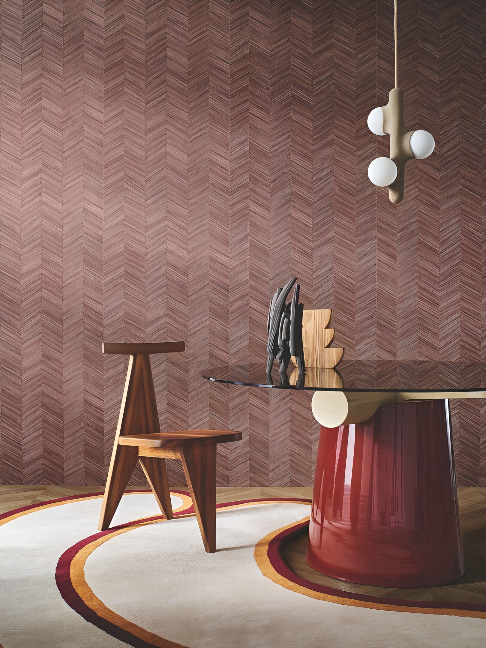 Geometric structural wallpaper mimicking wood with a herringbone pattern OCOTEA - CÈDRE ROUGE brown