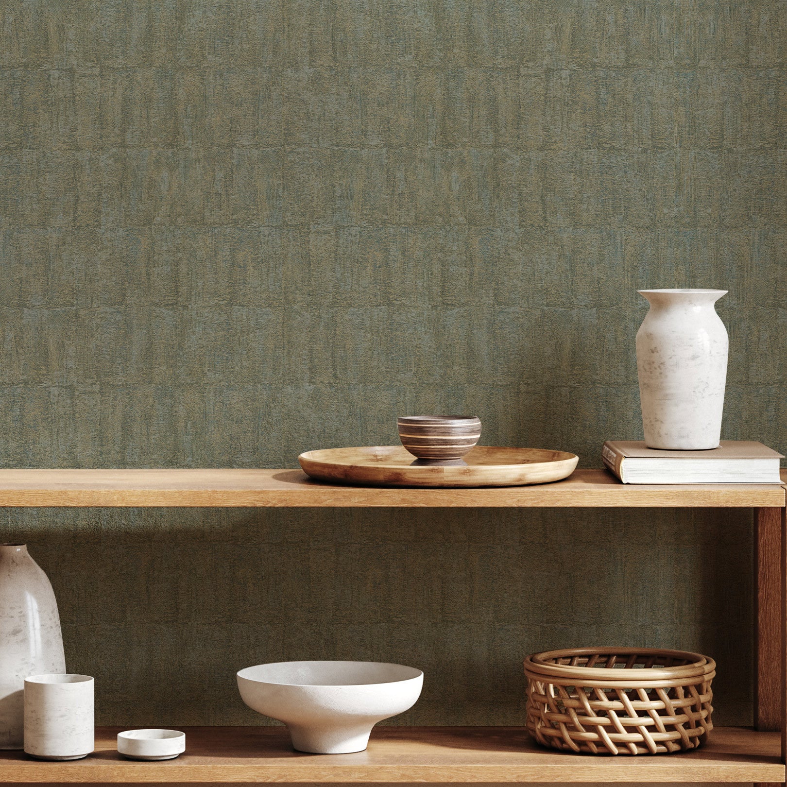 Structural wallpaper imitating clay BIZEN - LICHEN green with bronze