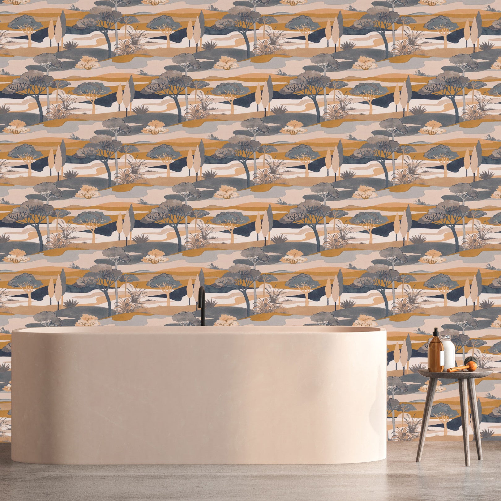 Landscape Wallpaper with Plant Motif CAP FERRET - BLEU PERSAN/AMBRE blue with gold
