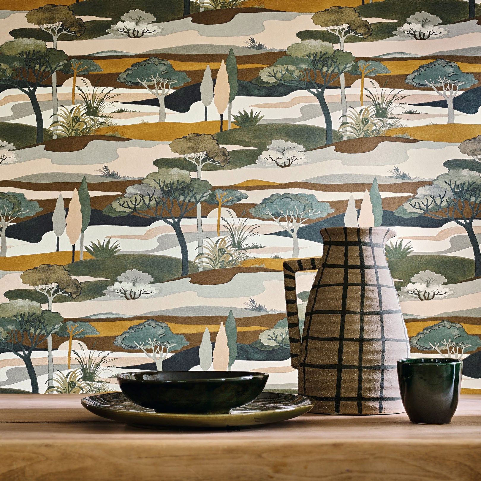Landscape wallpaper with a plant motif CAP FERRET - CYPRÈS/OCHRE green with brown