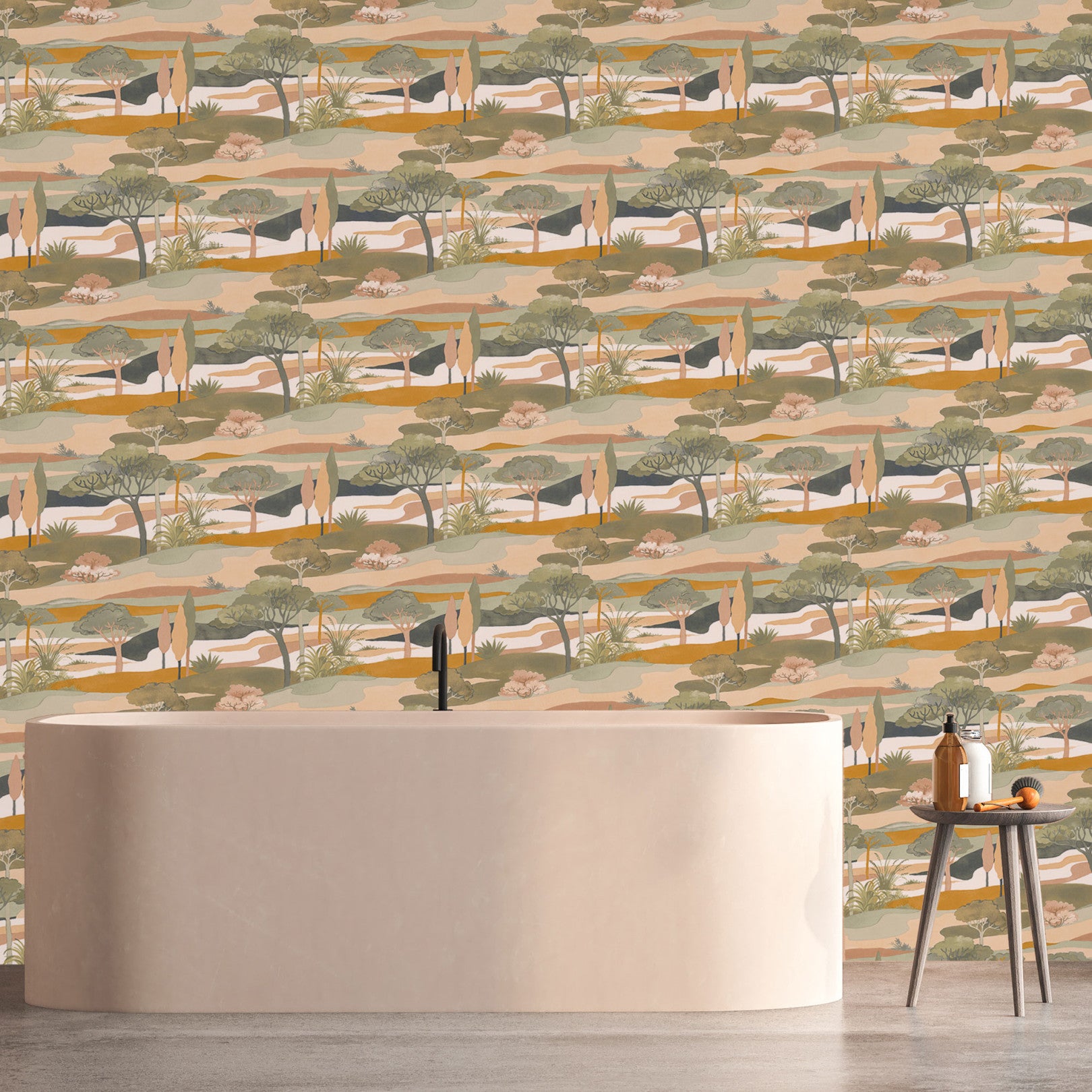 Landscape wallpaper with a botanical motif CAP FERRET - CÉLADON/AMBRE mint green with gold