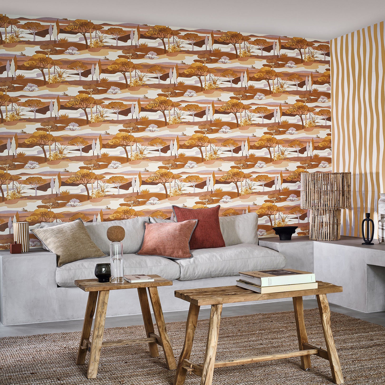 Tapeta s krajinou a rostlinným motivem CAP FERRET - OCRE/NUDE oranžová s béžovou