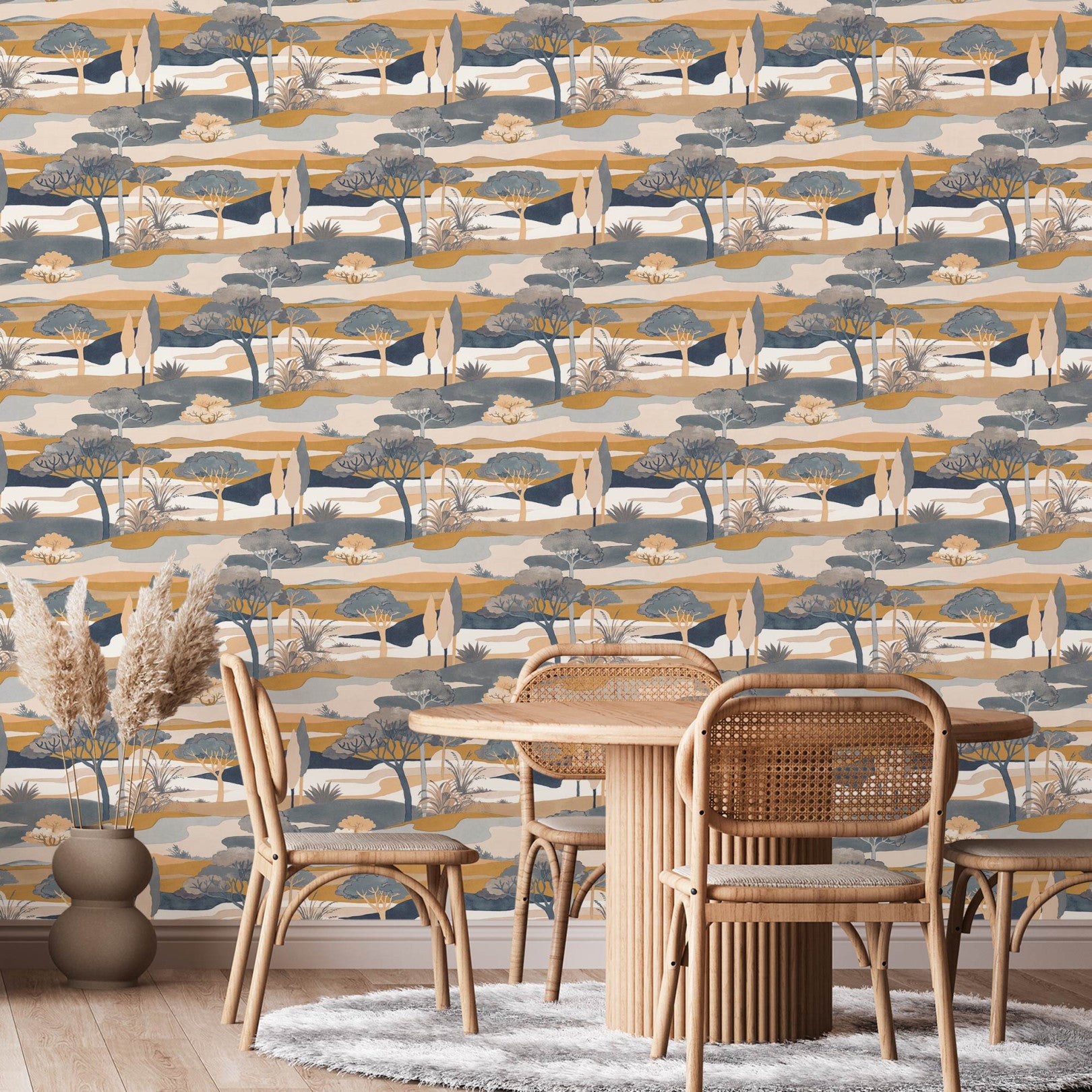 Landscape Wallpaper with Plant Motif CAP FERRET - BLEU PERSAN/AMBRE blue with gold