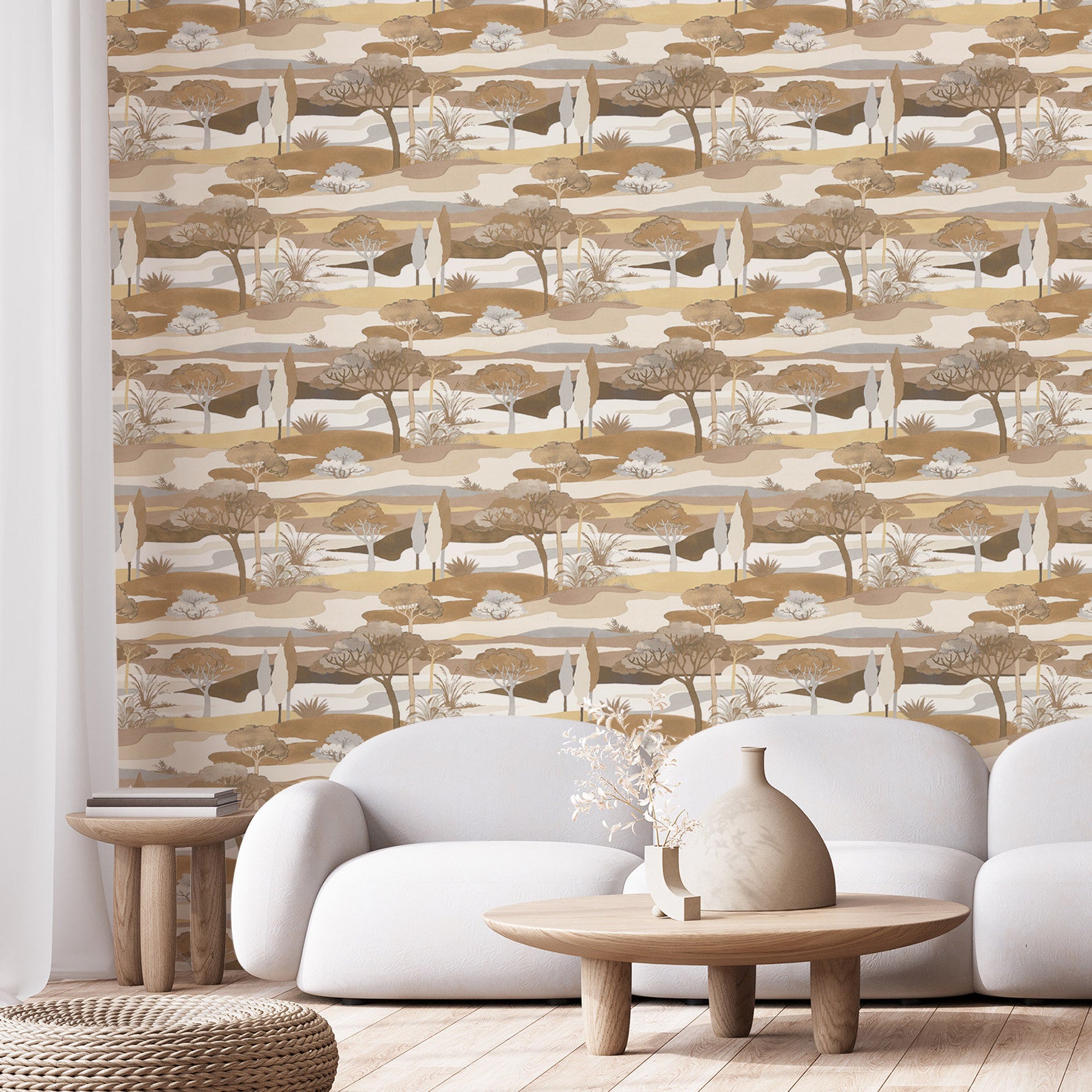 Landscape Wallpaper with Plant Motif CAP FERRET - SABLE/LATTE Coffee Brown with Beige