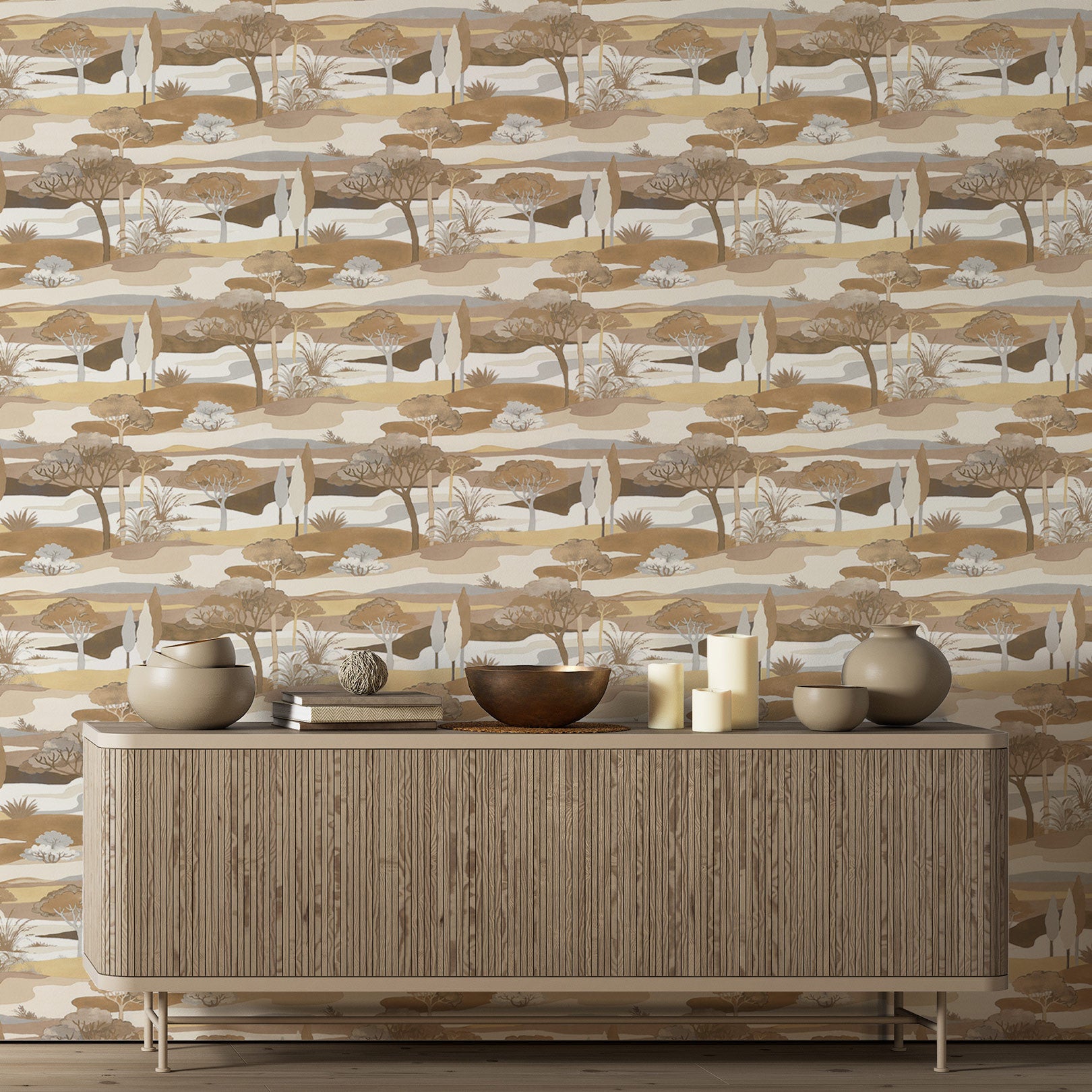 Landscape Wallpaper with Plant Motif CAP FERRET - SABLE/LATTE Coffee Brown with Beige