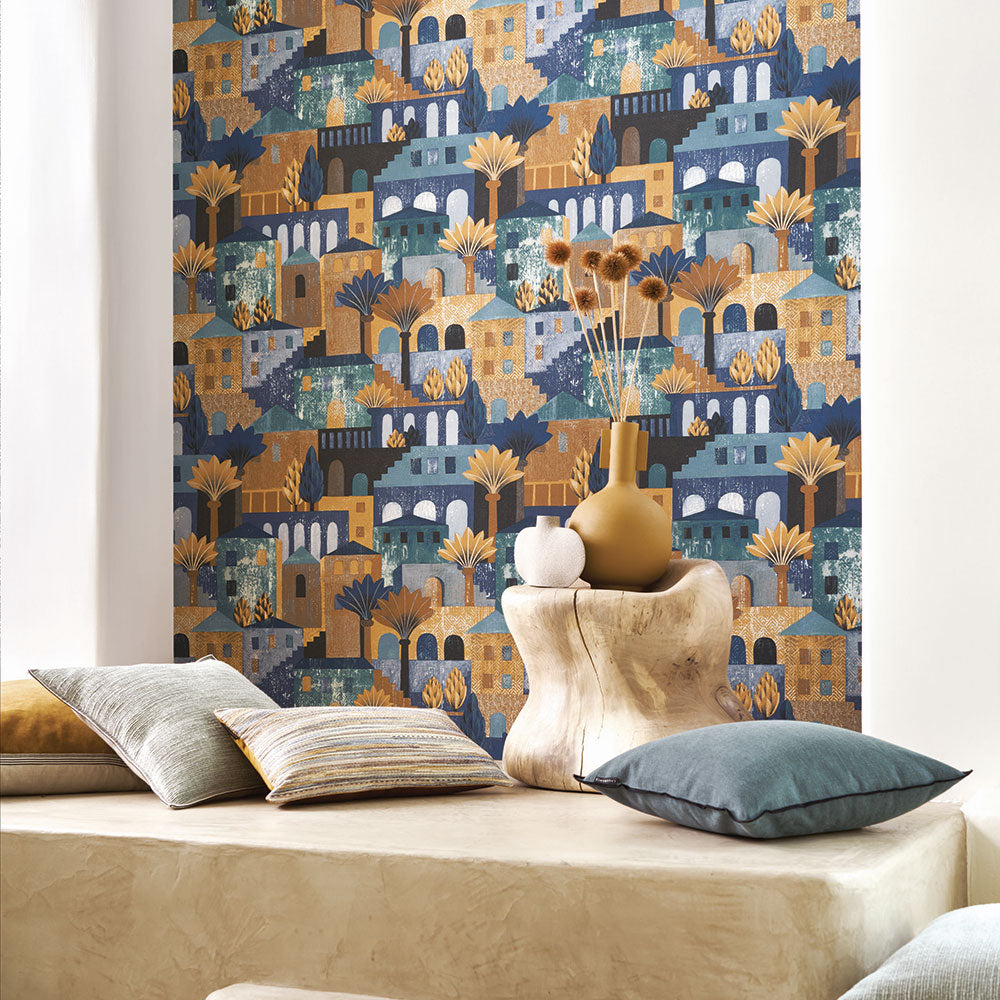 Structural wallpaper with the cityscape of MONTEROSSO - TERRE DE SIENNE terracotta