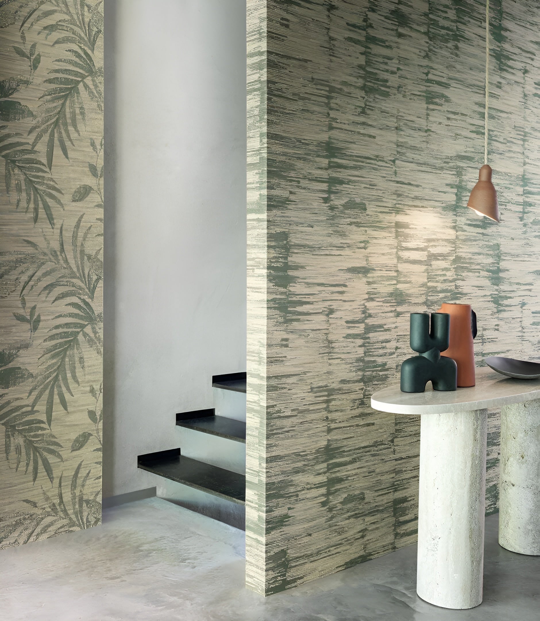 Textile wallpaper with a striped structure ALCHEMILLA - EMERALD/CELESTIAL light green with beige