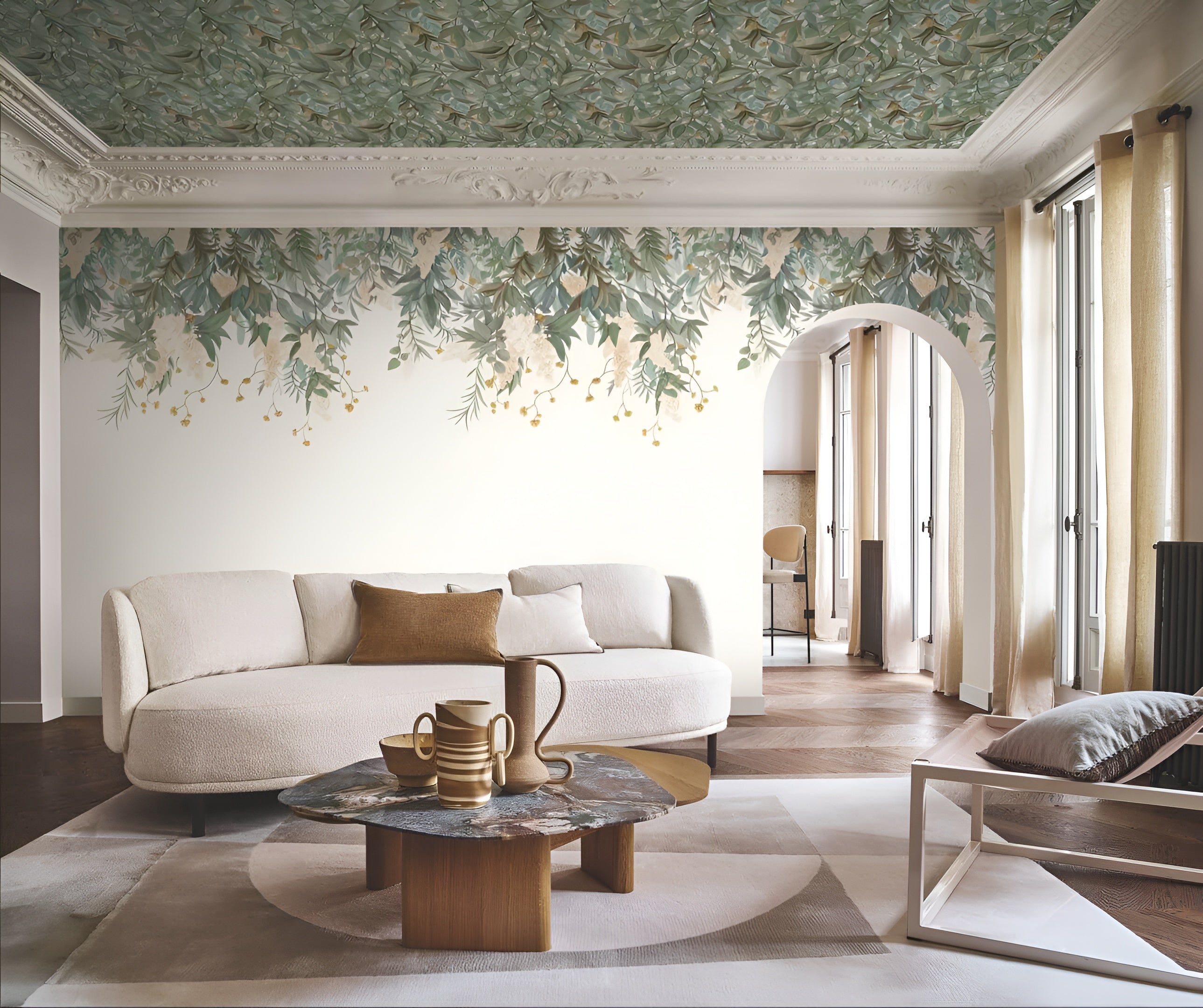 Wallpaper with a plant motif of SOLANDRA leaves - IVORY/CELEDON ivory with celadon