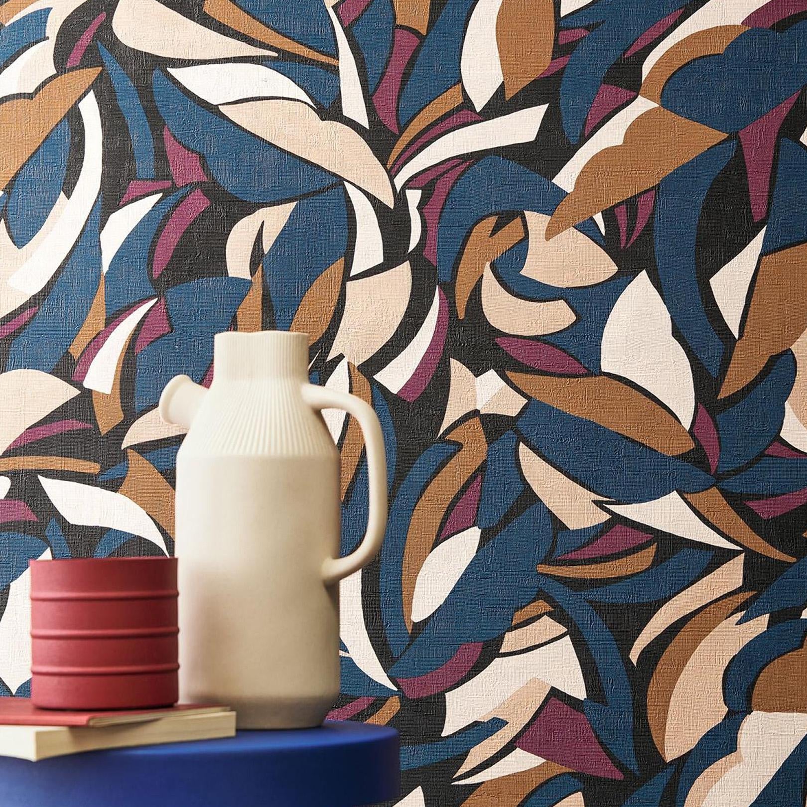 Structural wallpaper with an abstract geometric pattern COLLAGE - NOIR/BLUSH black with navy