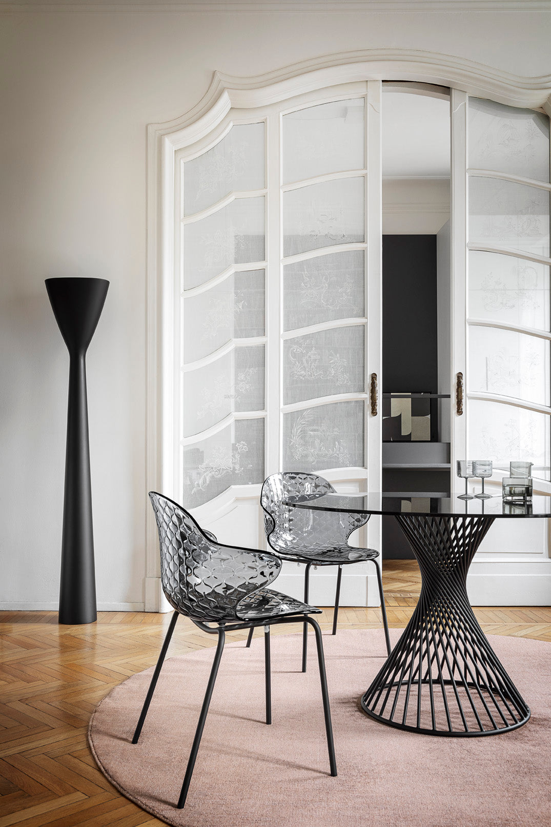 VORTEX Round Table with Glass Top and Black Base