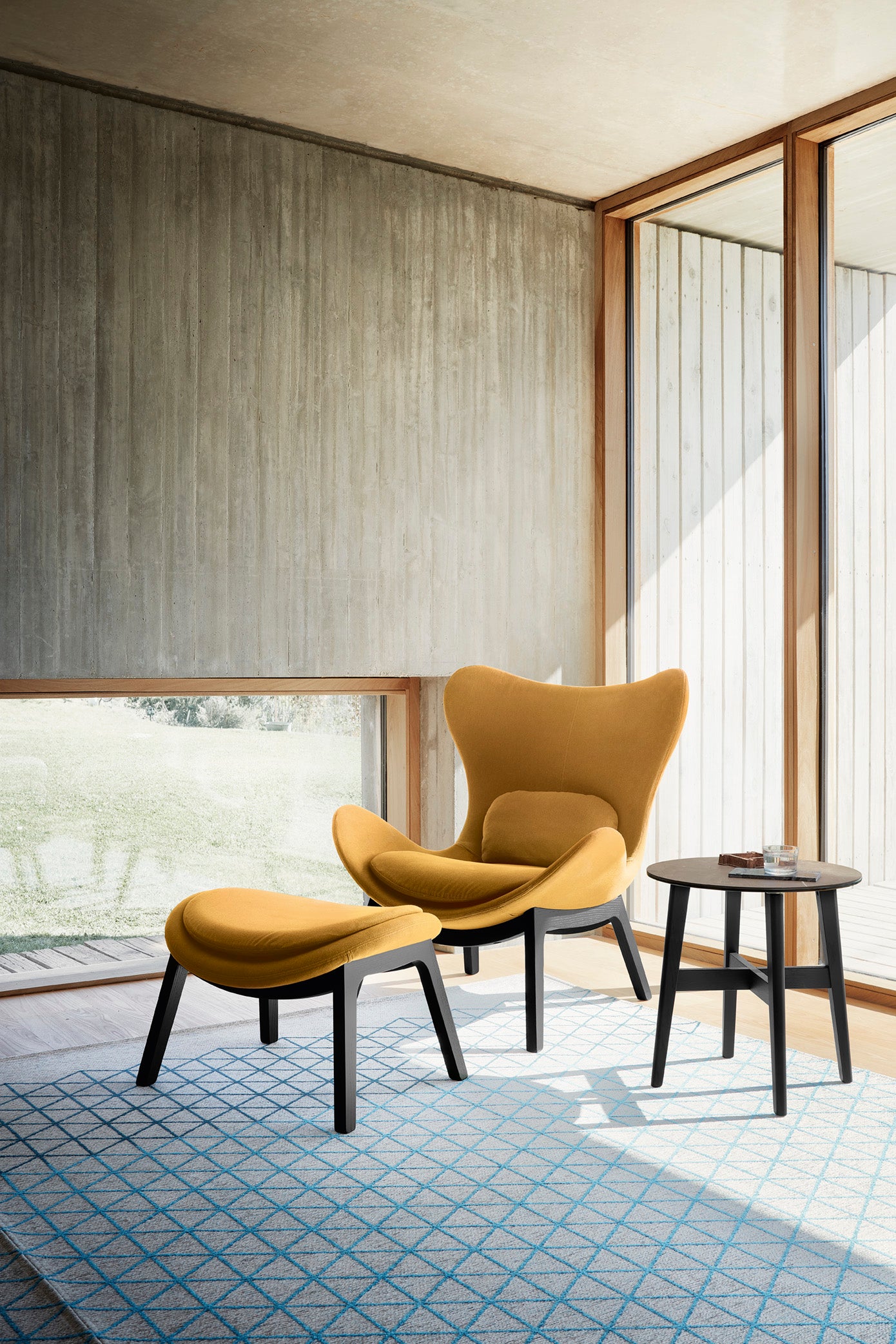 Upholstered LAZY Footrest with Black Wooden Base