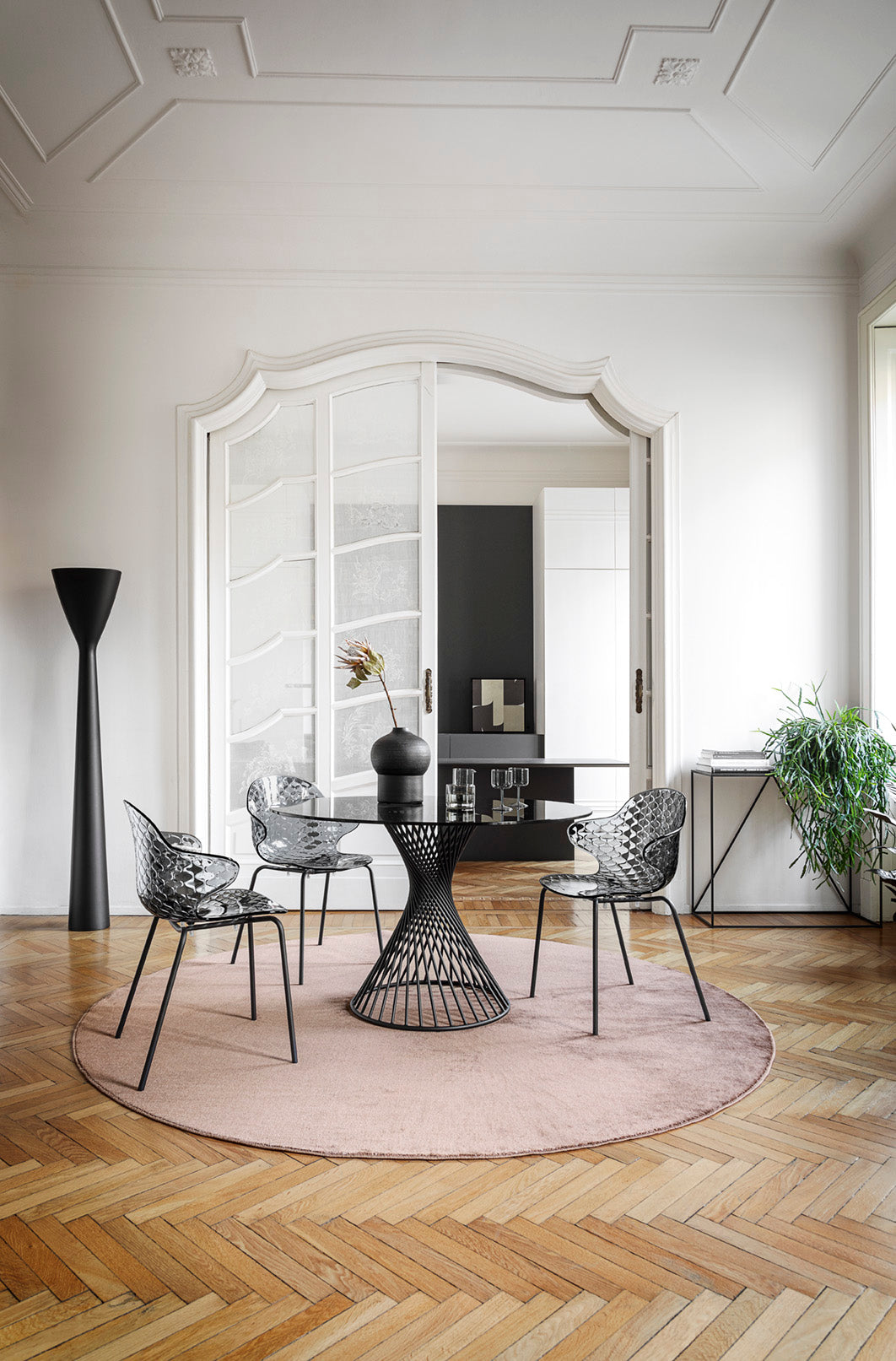 VORTEX Round Table with Glass Top and Black Base