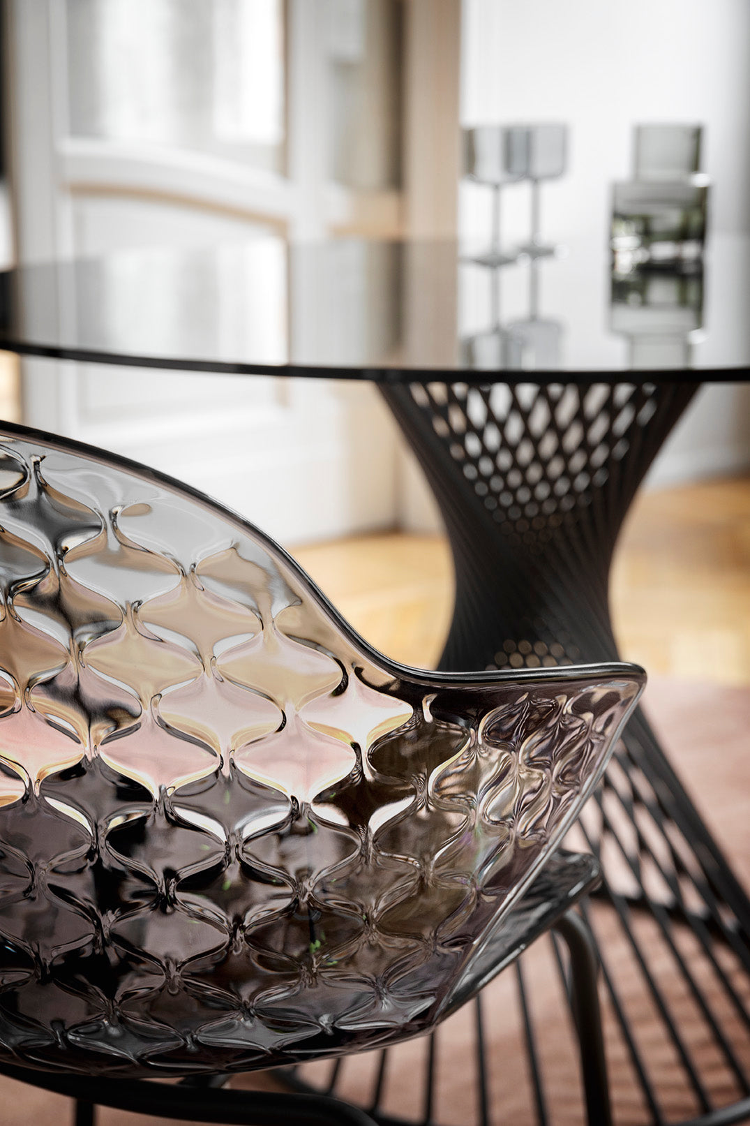 VORTEX Round Table with Glass Top and Black Base