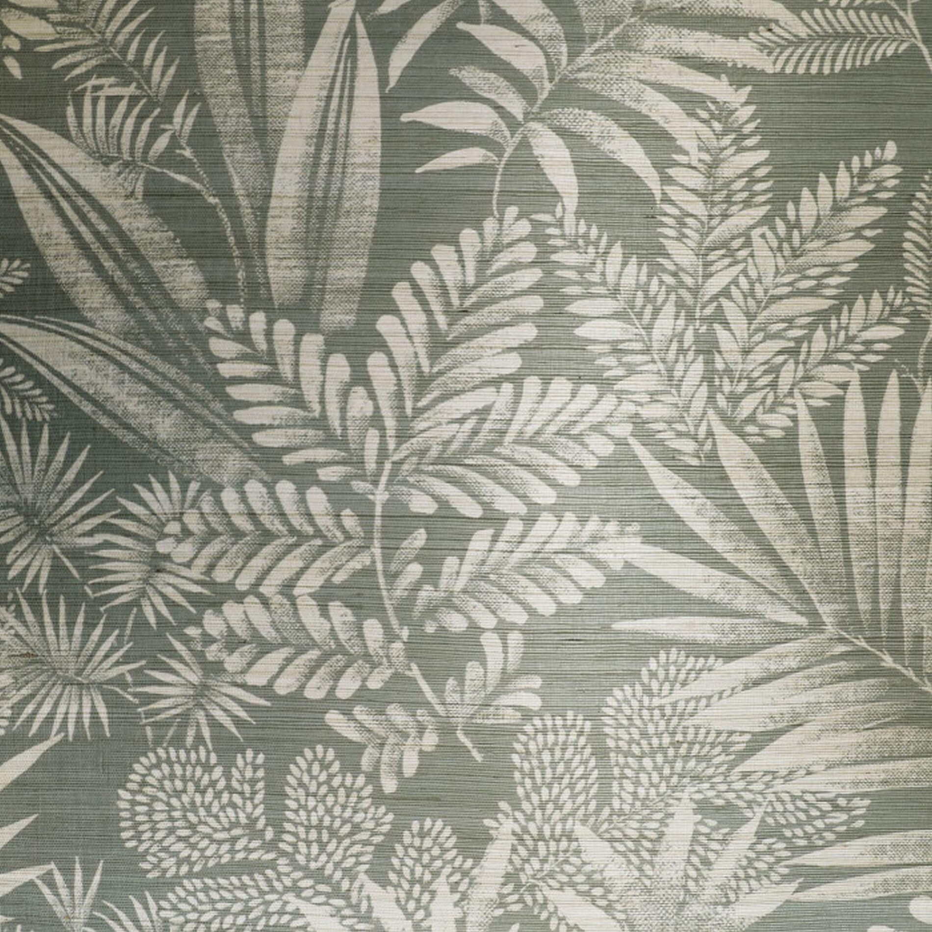 Strukturovaná tapeta z sisalu s rostlinným motivem listů MANDRARE - BLEU GRISE šedá s bílou