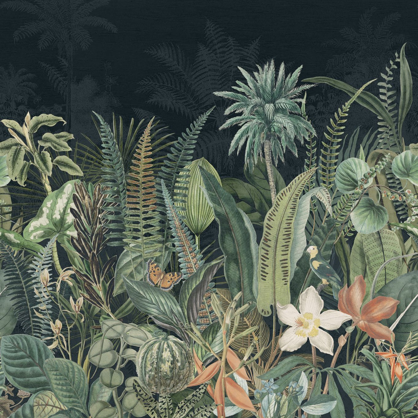 Nástěnná malba s rostlinným motivem DAINTREE - TMAVĚ MODRÁ/ZELENÁ MOUSSE granátová s zelenou