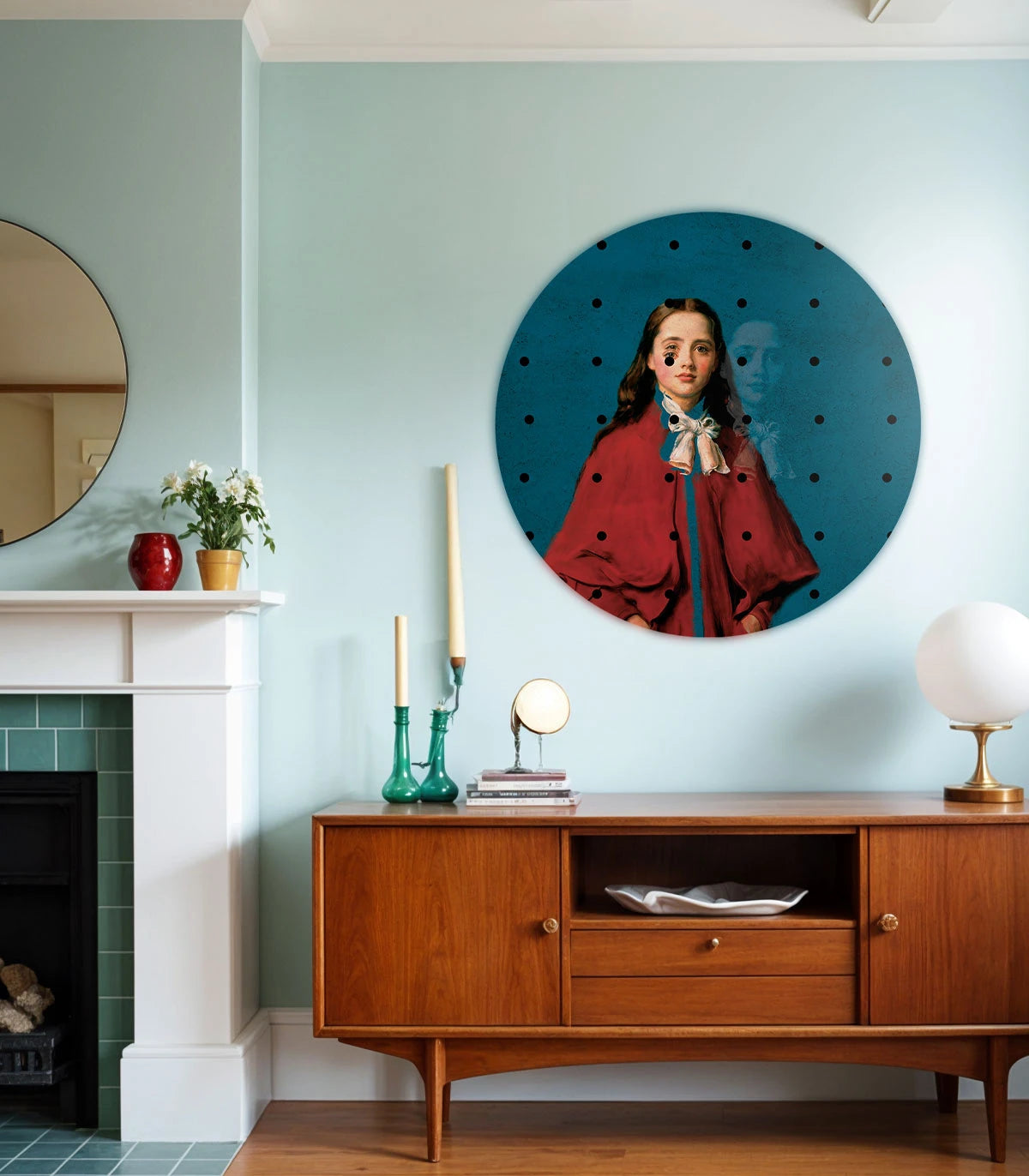 Circular Mural DOTS - GIRL IN RED blue with red