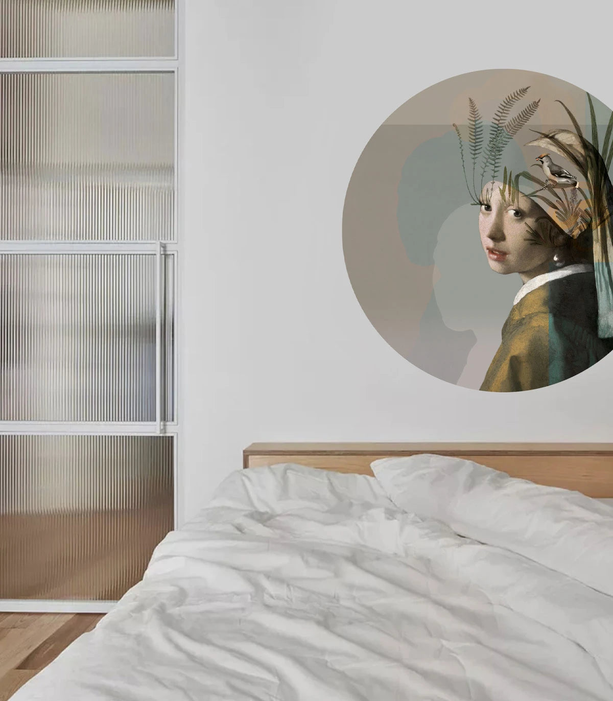 Nástěnná malba ve tvaru kruhu DOTS - PŘÍRODNÍ DÍVKA S PERLOU béžová se zelenou