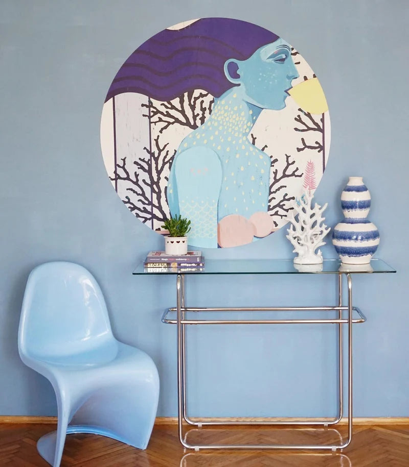 Nástěnná malba ve tvaru kruhu DOTS - SIREN COOL GIRL modrá