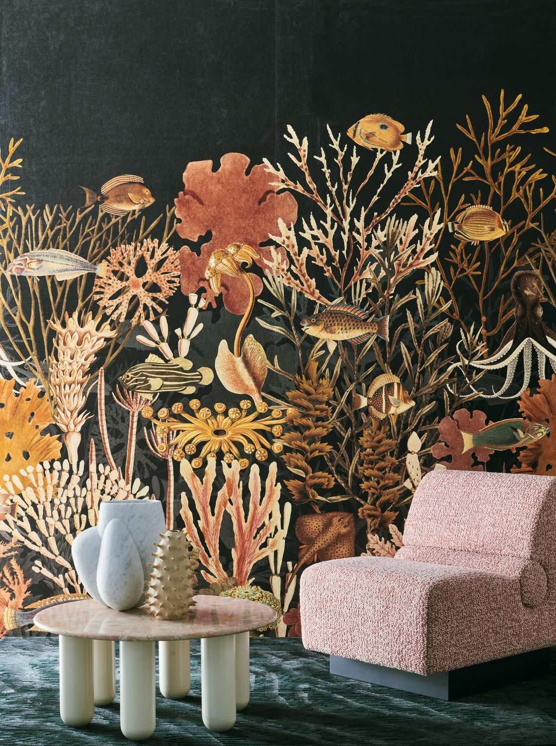 Textile mural with an underwater landscape motif MOOREA black with yellow