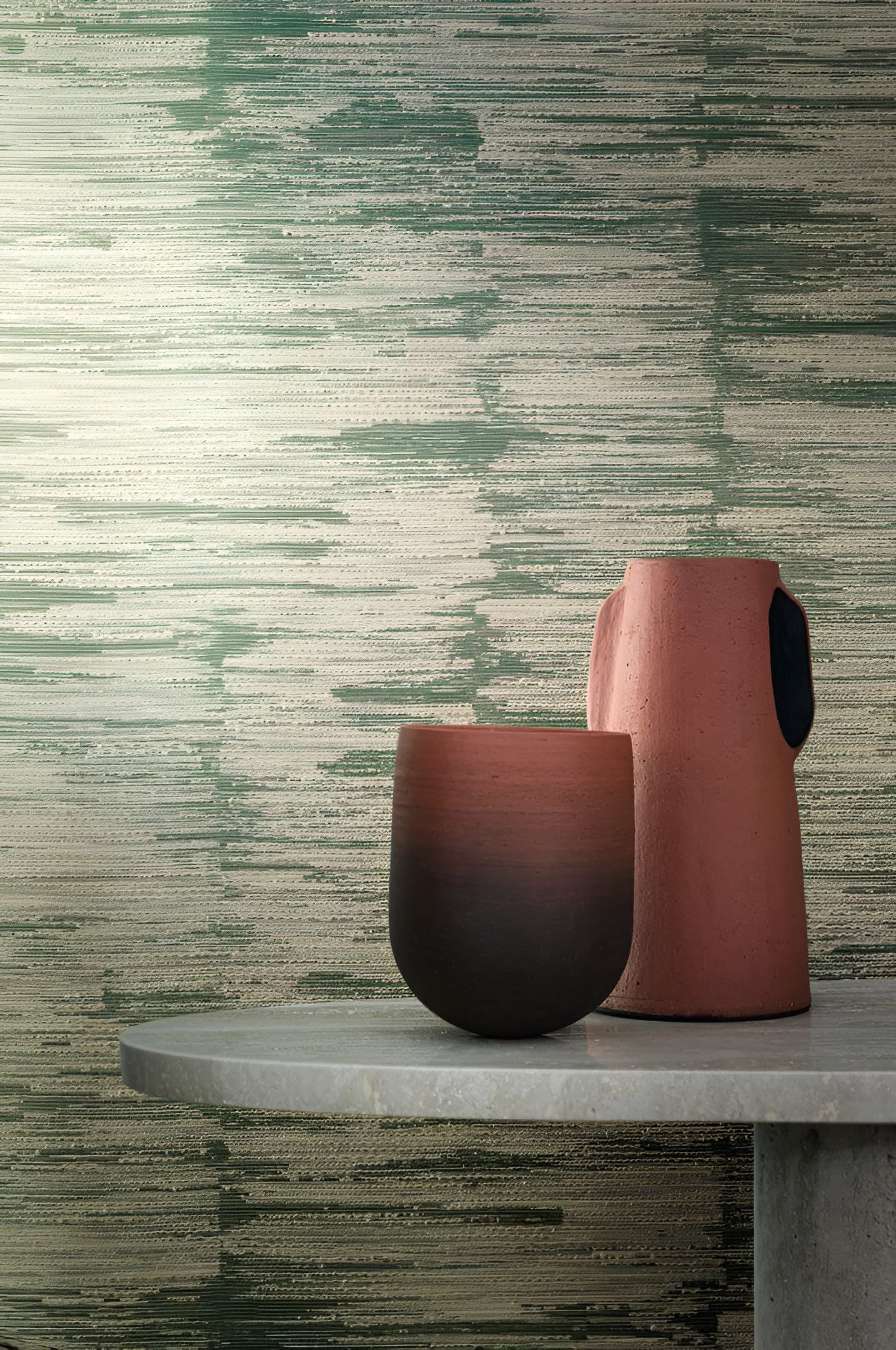 Textile wallpaper with a striped structure ALCHEMILLA - EMERALD/CELESTIAL light green with beige