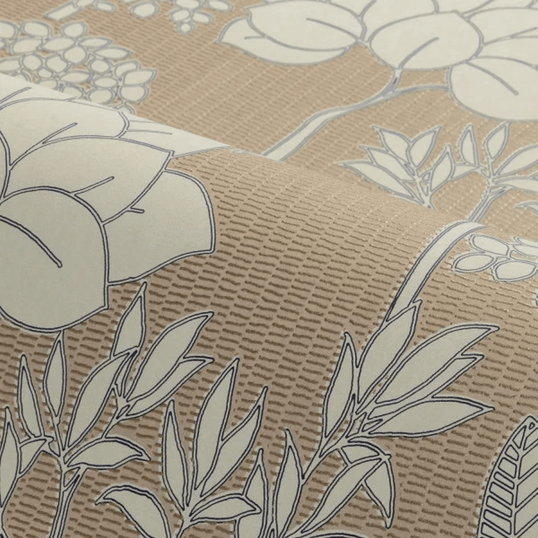 Tapeta se strukturovaným rostlinným vzorem listů a květin INARA - BEIGE/DORÉ tmavě béžová