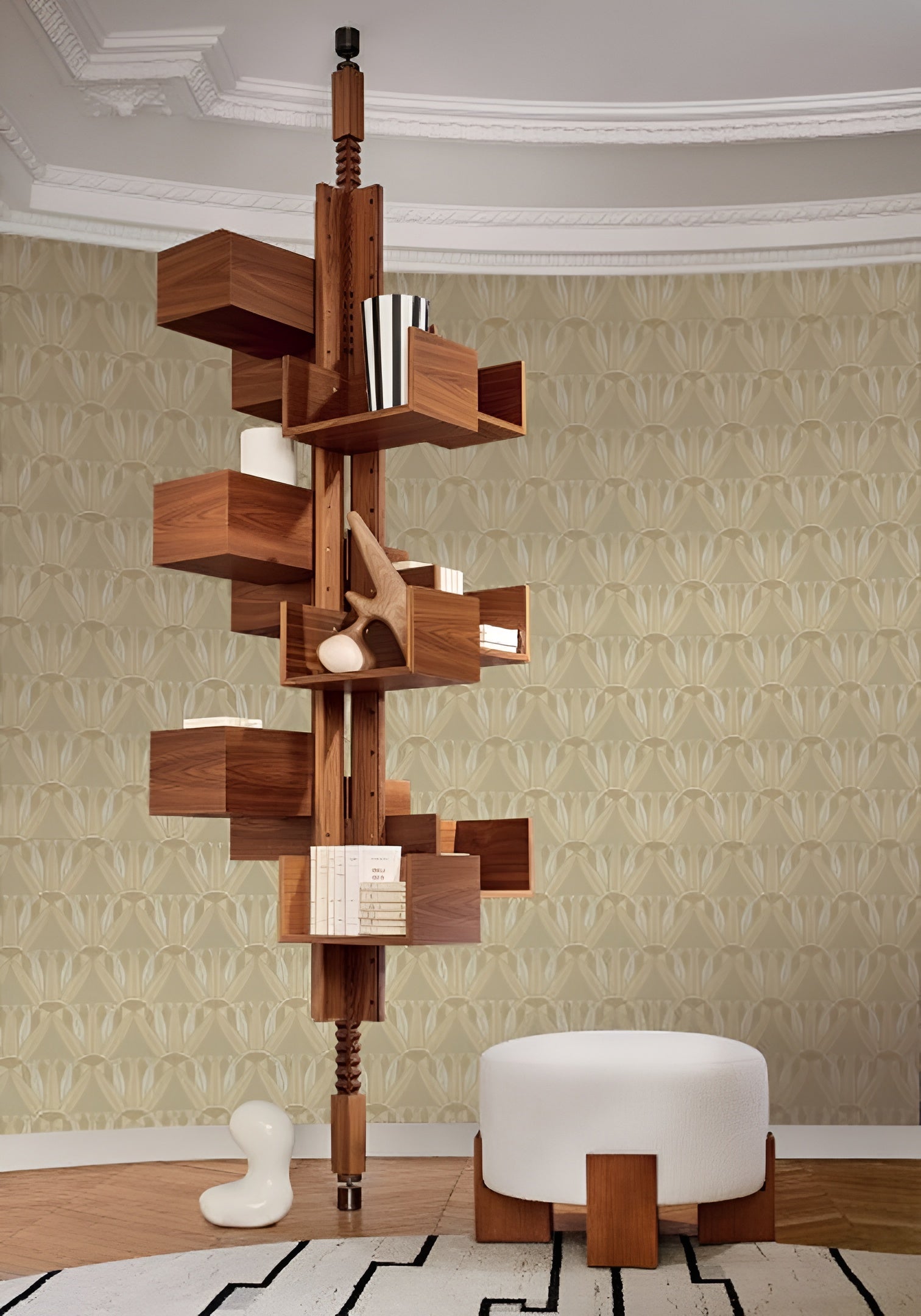 Tapeta s motivem rostlin květů lotosu CASTALIA - VERT CENDRE/DORE béžová se zlatým