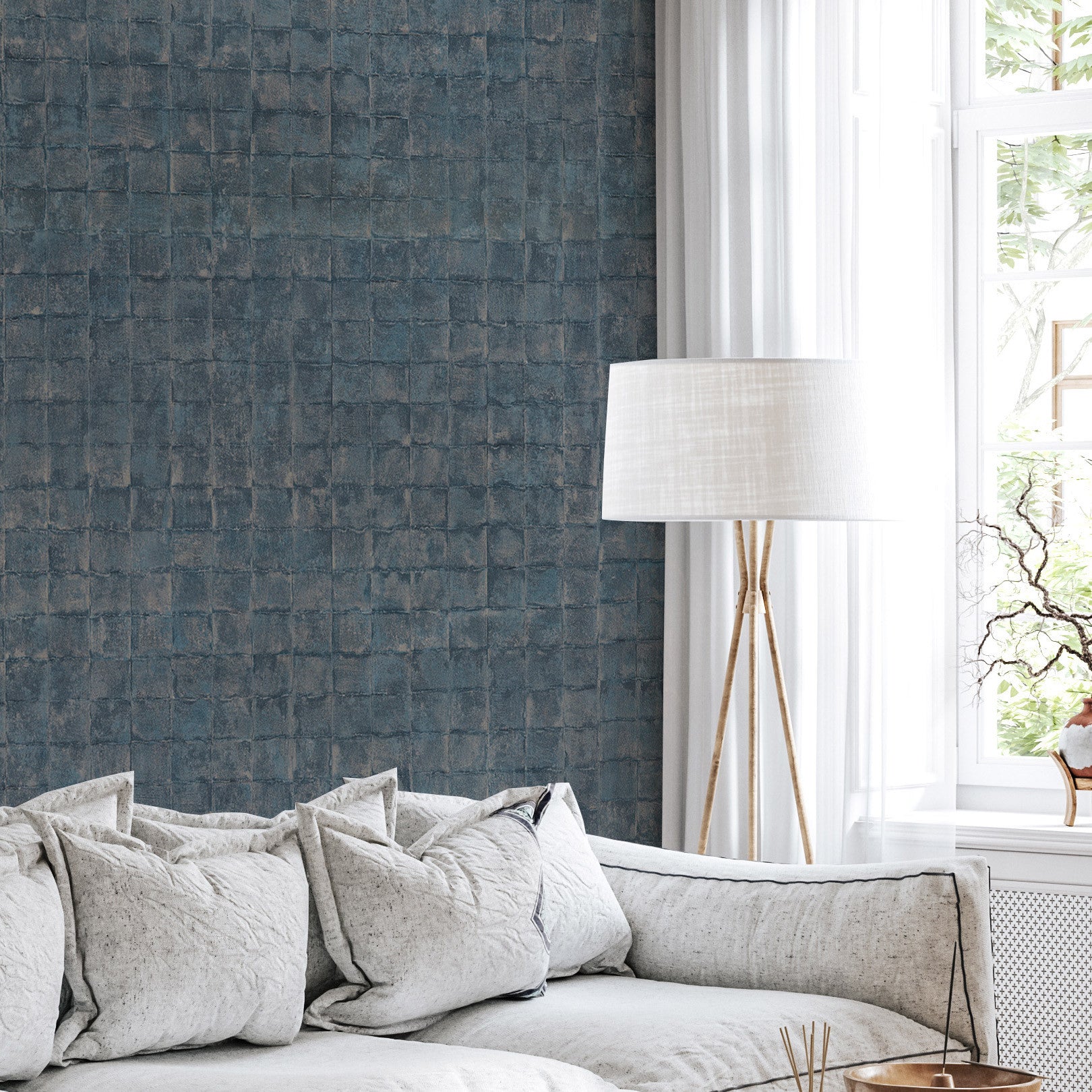 Structural wallpaper imitating tiles FAENZA - ORAGE navy blue