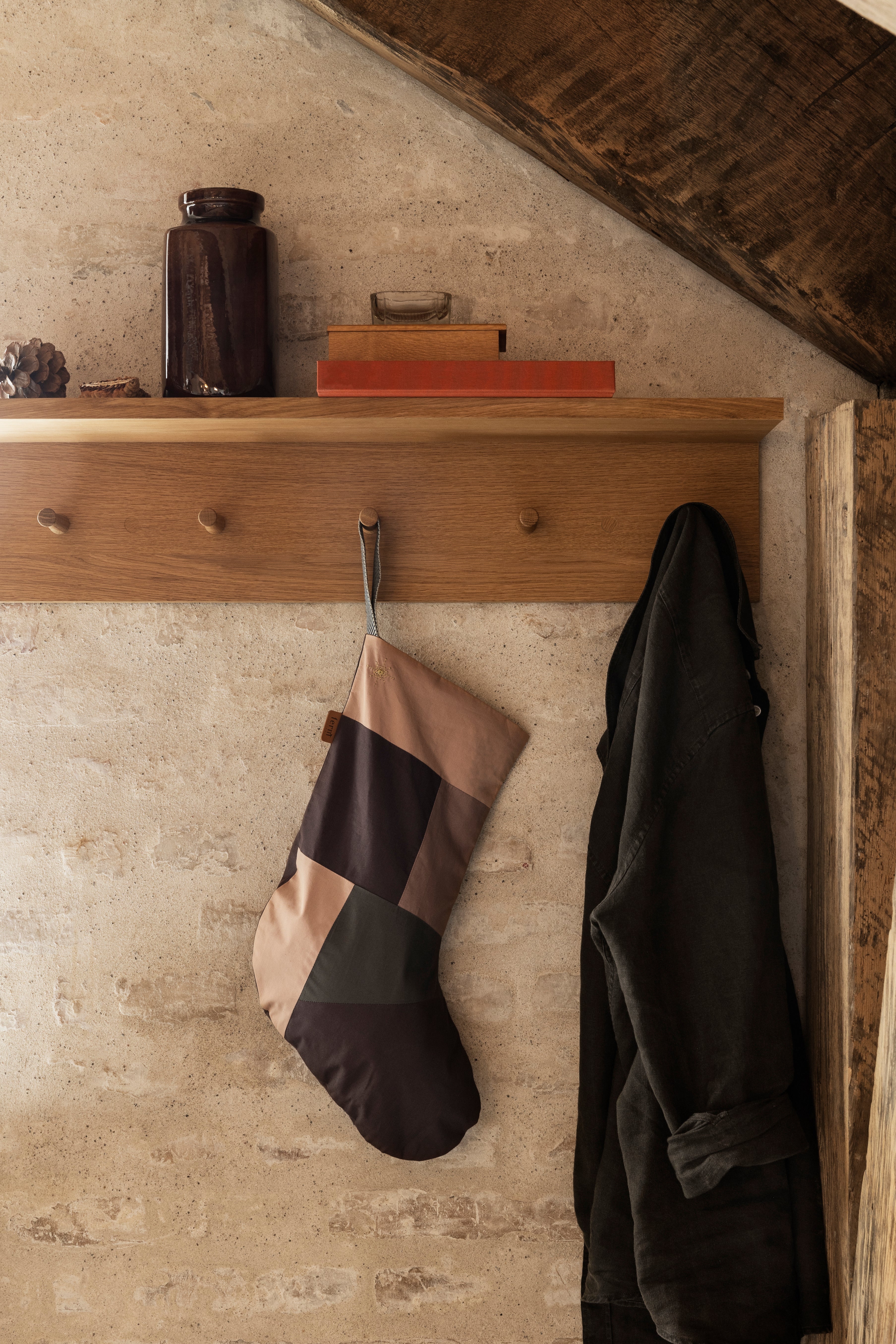 Patchwork Christmas Stocking beige with brown