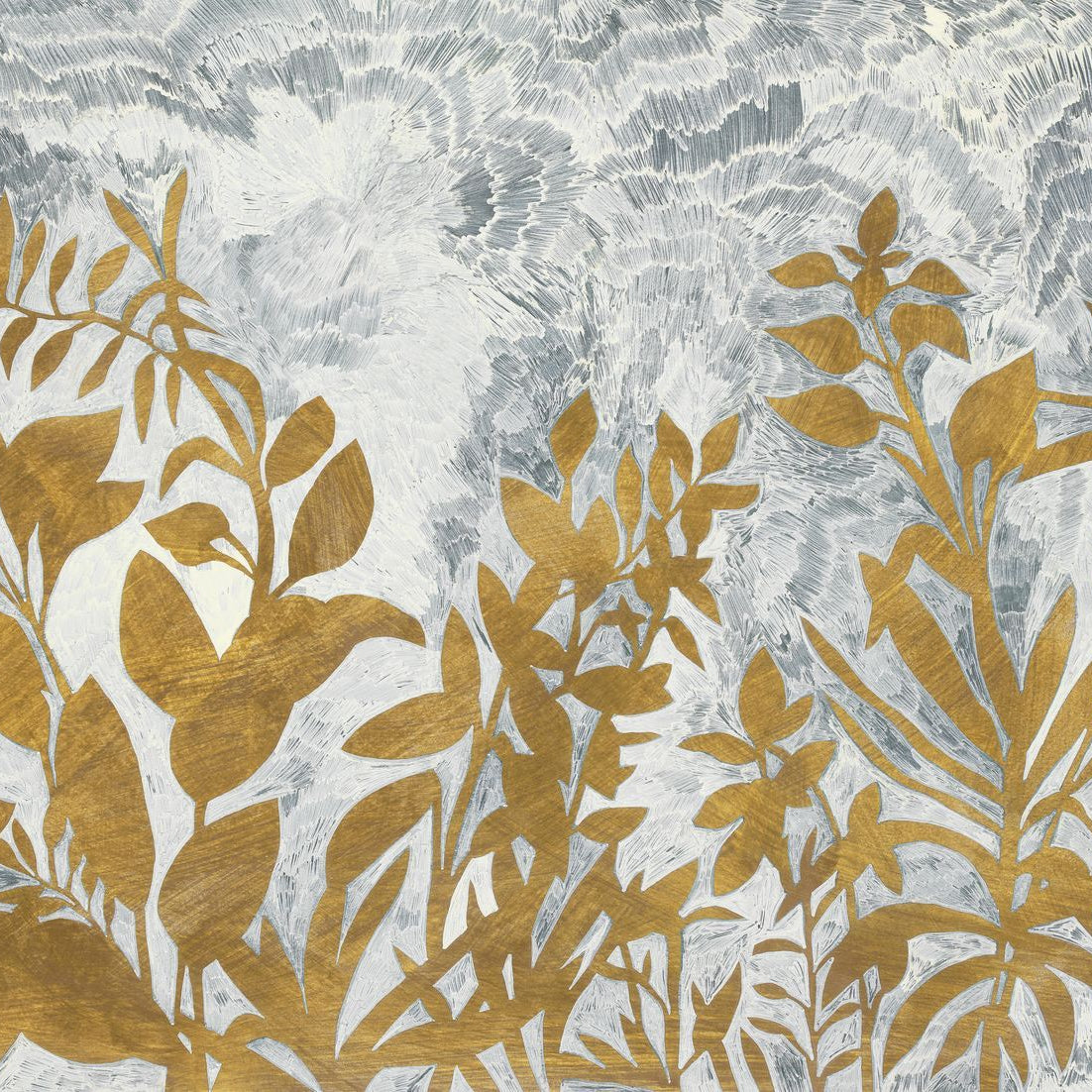 Mural with a plant motif of FLEUR DE LUNE - CLOUD GRAY/GOLD gray with gold