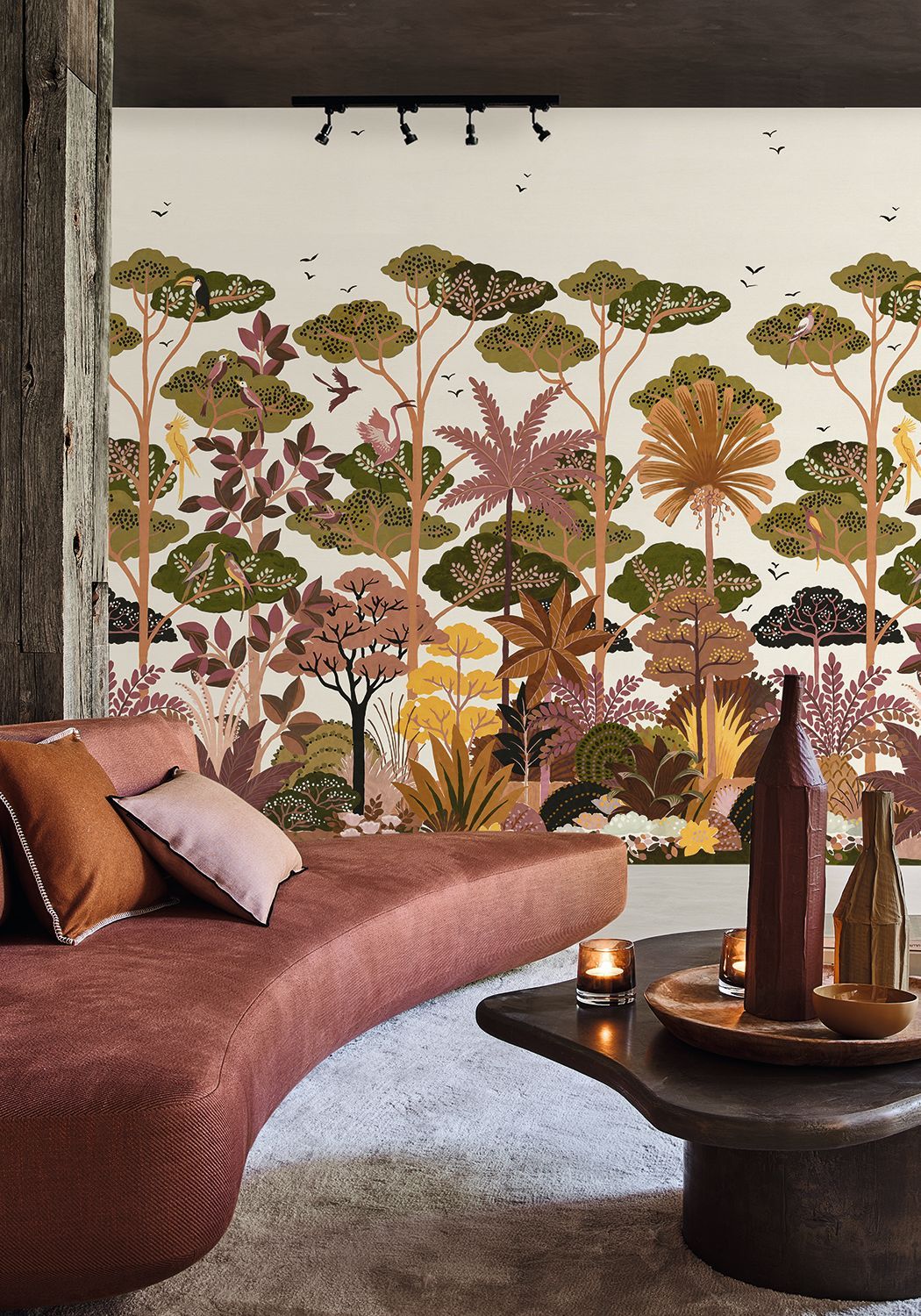 Strukturální nástěnná malba s rostlinným motivem stromů KANDY - BLANC/MULTICO béžová se zelenou