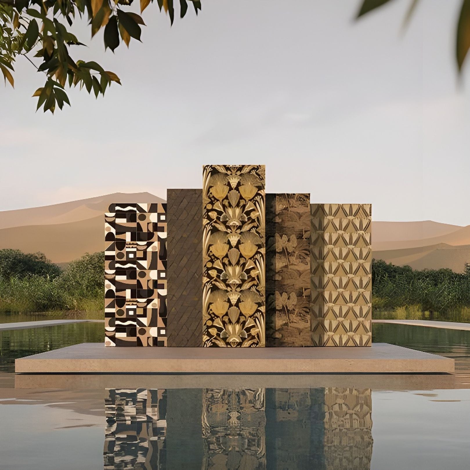 Structural wallpaper with geometric pattern GOURNA - OCRE/DORE brown with gold