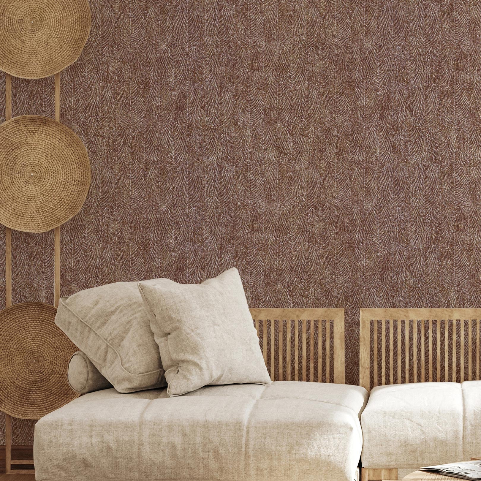 Structural wallpaper with a plant motif of leaves ISABELLINE - ROUILLE rusty brown