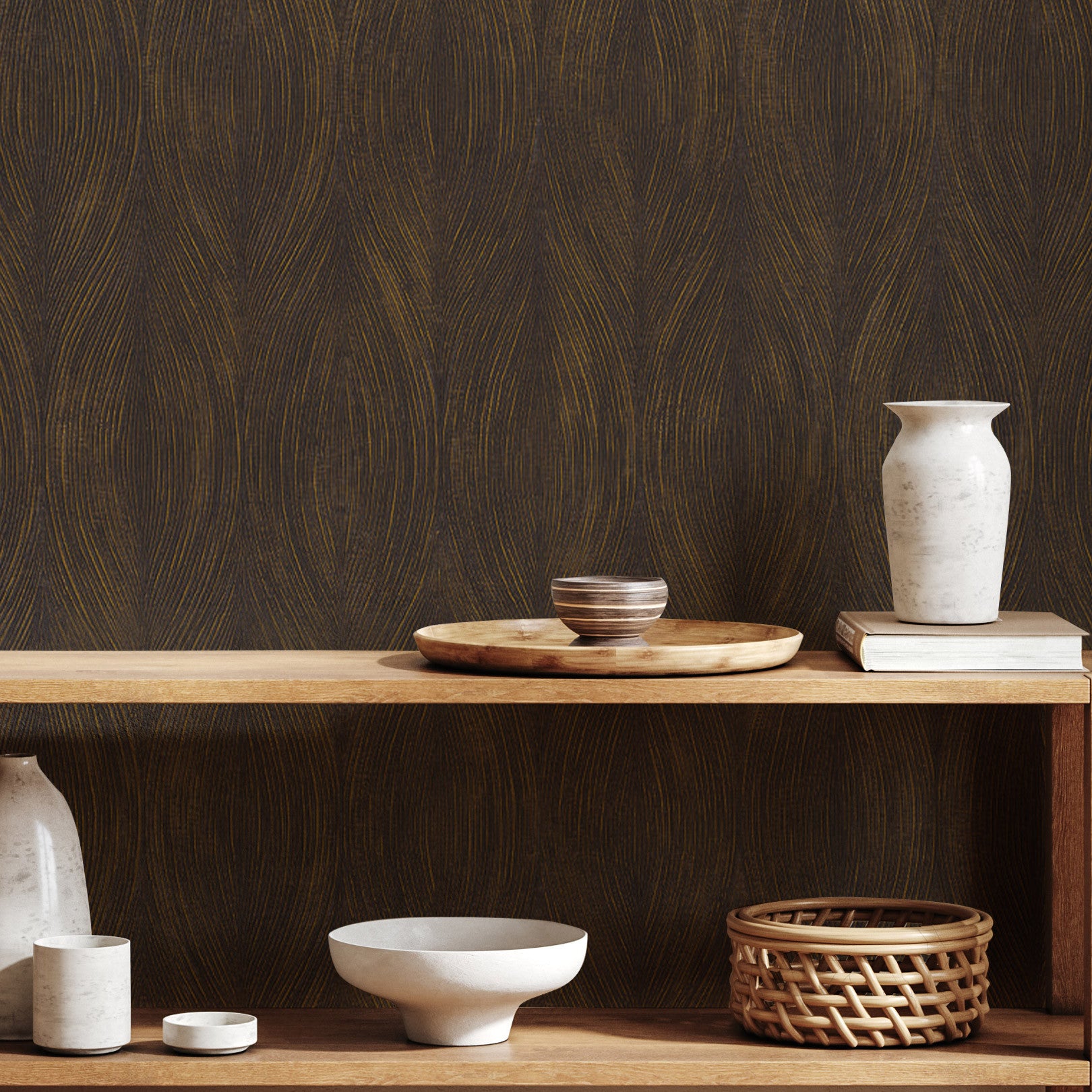 Tapeta strukturovaná metalická s abstraktním vzorem KERAMOS - ÉBÈNE/DORÉ tmavě hnědá