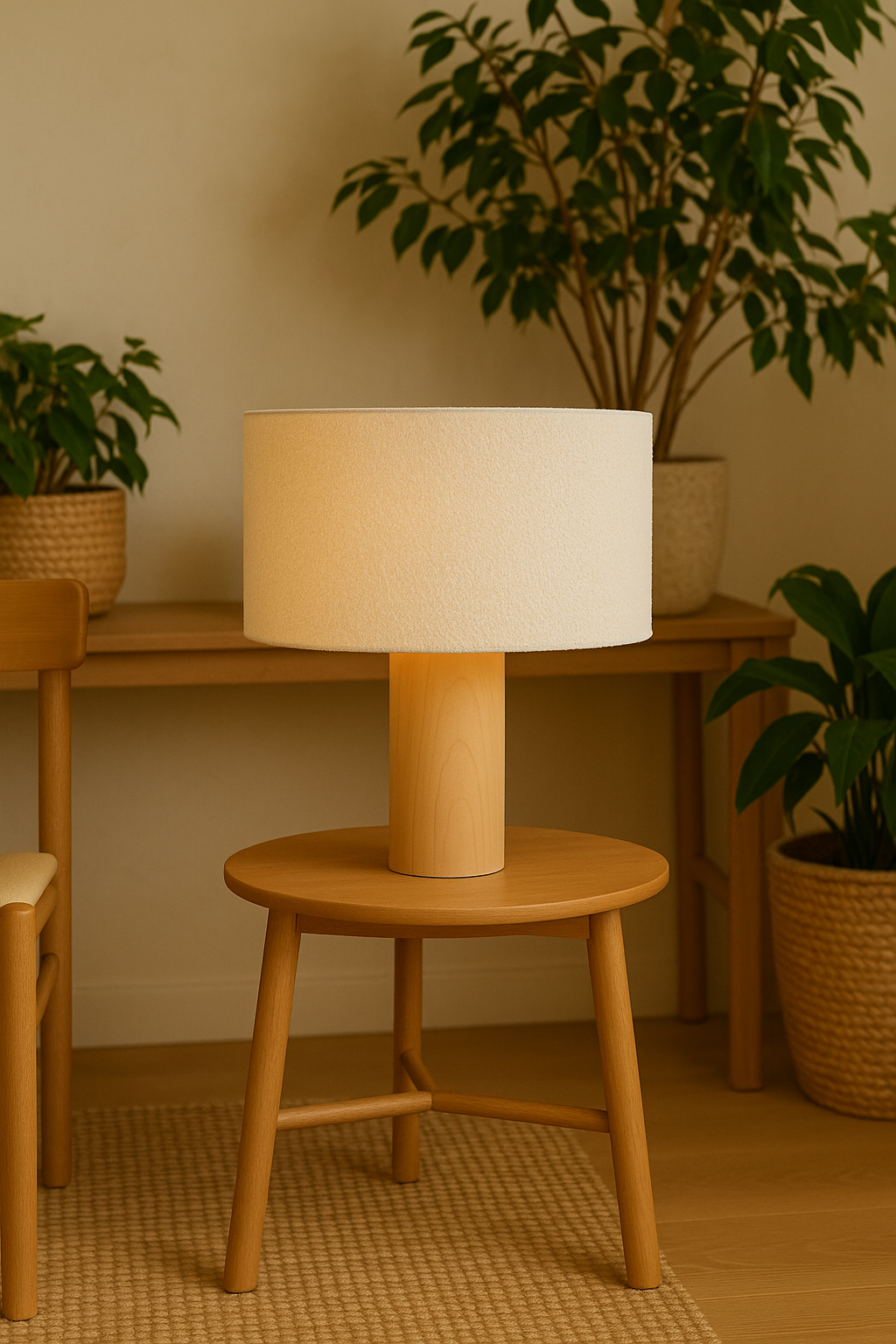 Stolní lampa ELYN keramika napodobující dřevo s bouclé stínidlem