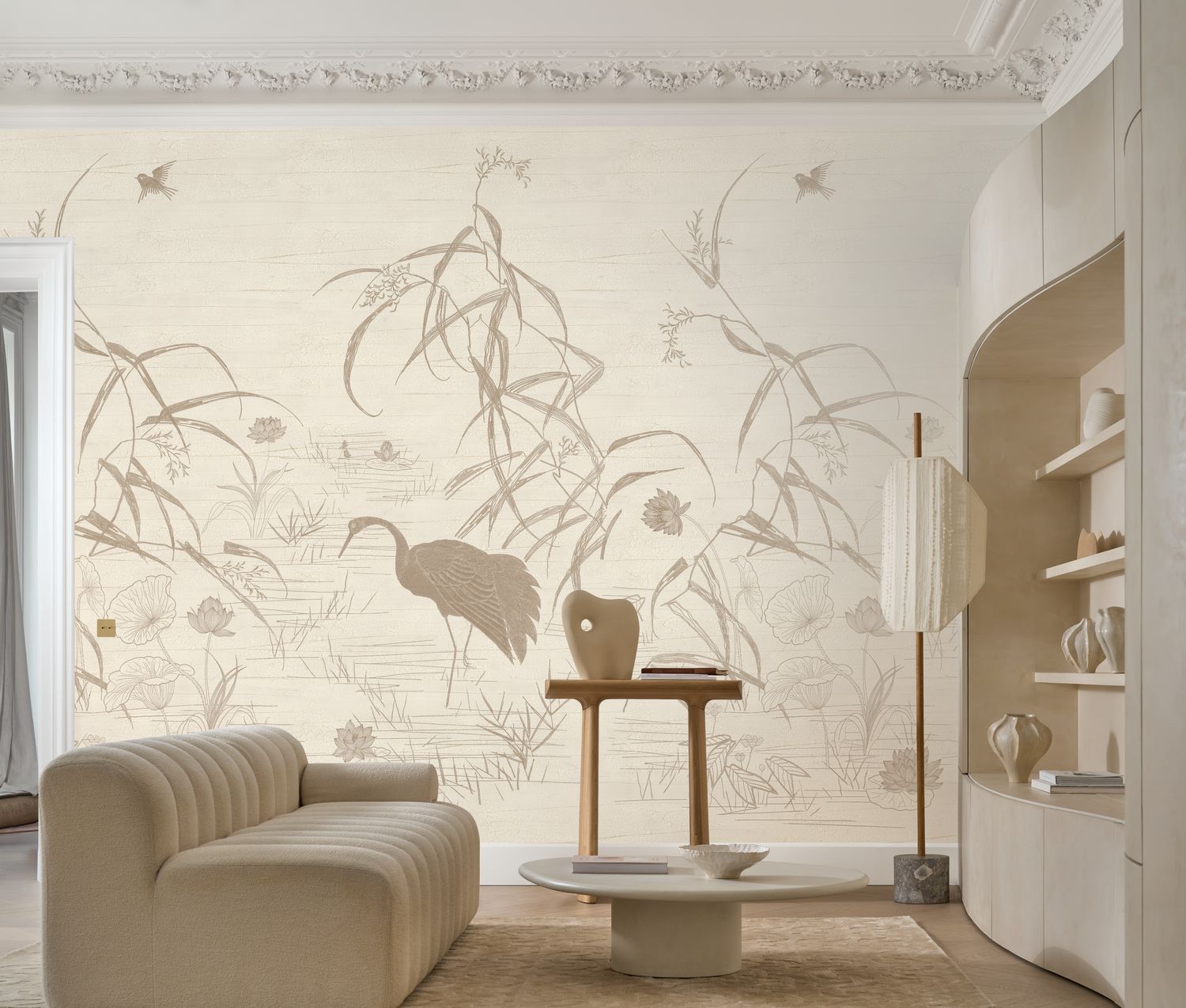 Mint green mural with a plant and bird motif by NUIDO with beige