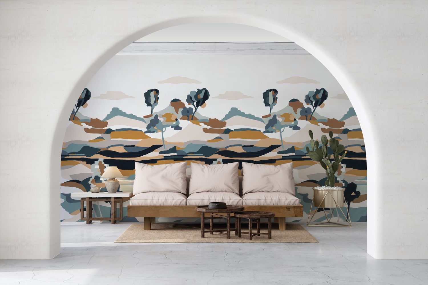 Mural abstrakcyjny z krajobrazem LE BASSIN jasnobeżowy