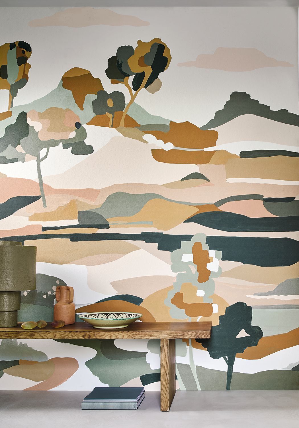 Abstraktní nástěnná malba s krajinou LE BASSIN zelená s béžovou