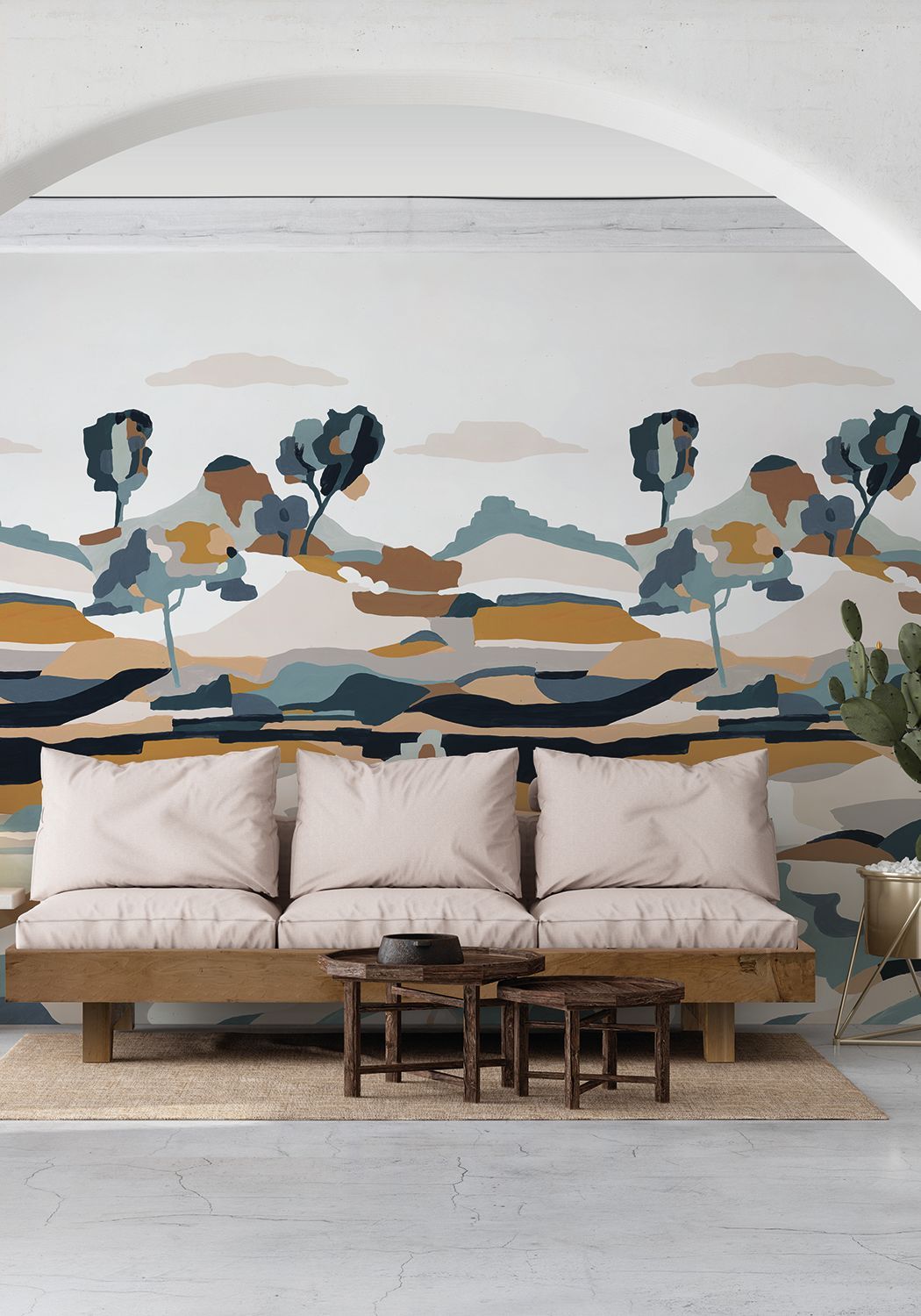 Abstraktní nástěnná malba s krajinou LE BASSIN modrá s béžovou